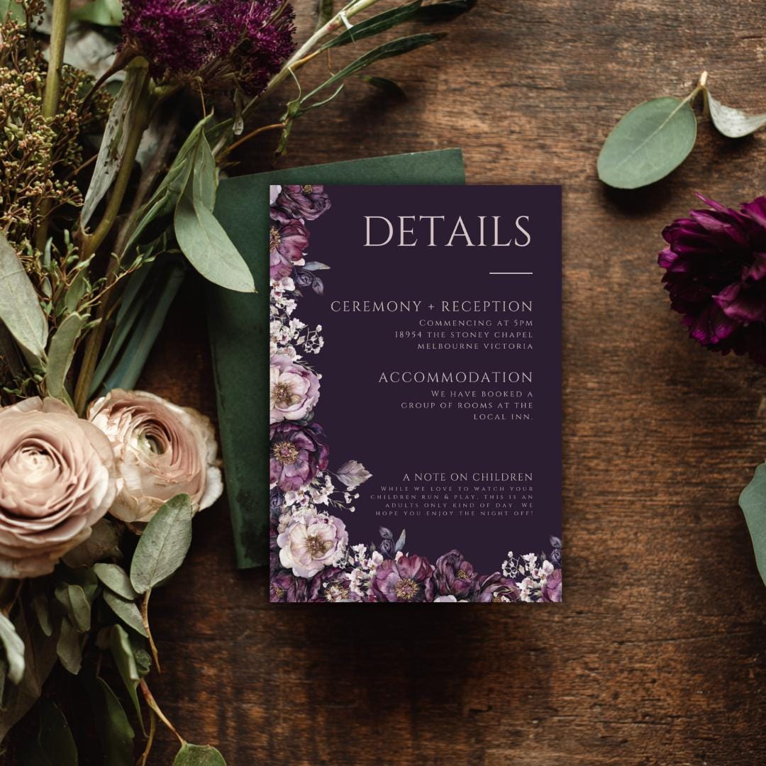Moody Purple Wedding Details Card Template: Plum Floral, Editable Canva (PDF Download)
