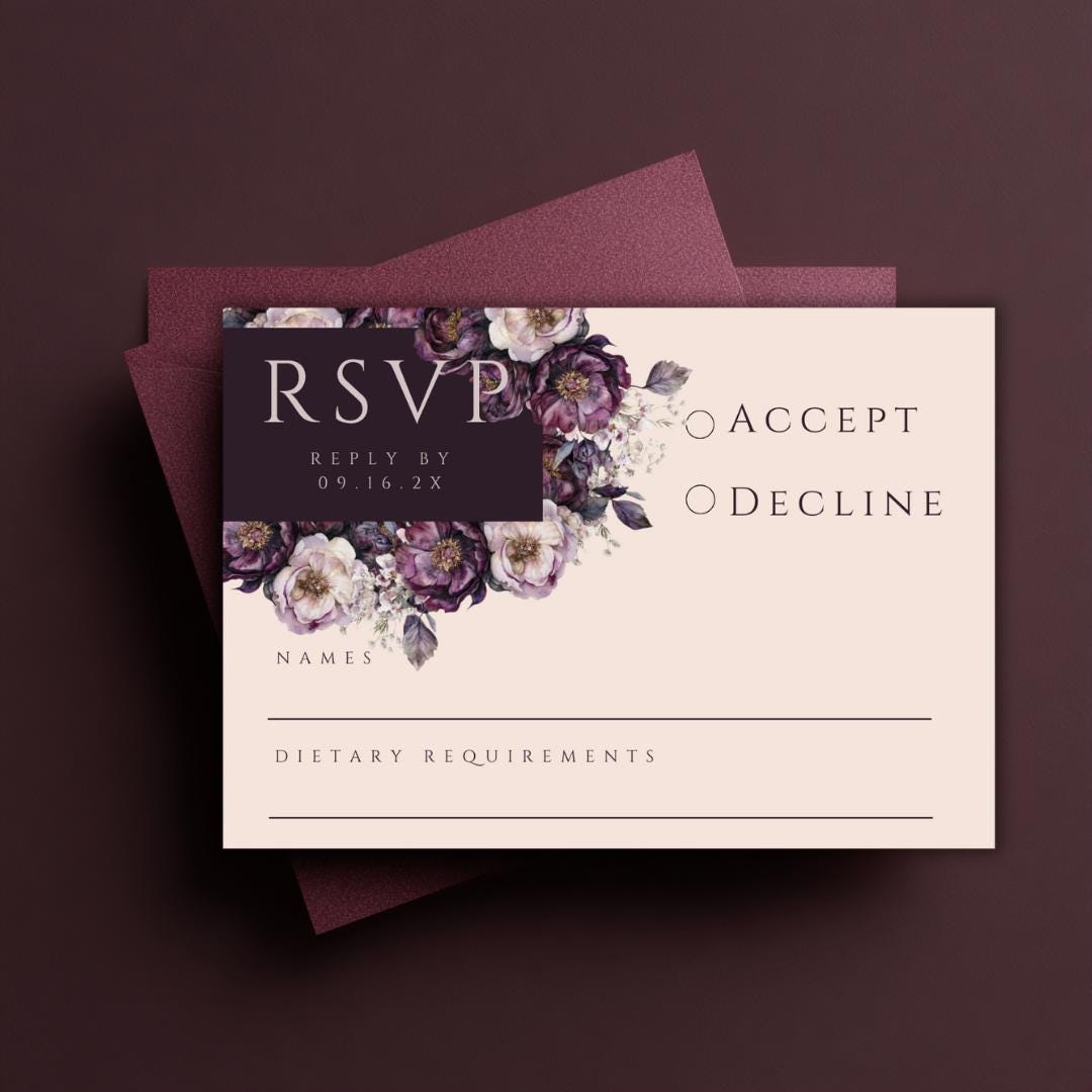 Moody Purple Floral Wedding RSVP Card Template: Elegant Plum & Blush (Digital Download)