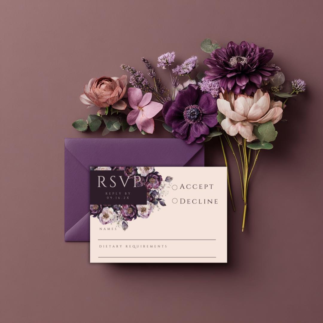 Moody Purple Floral Wedding RSVP Card Template: Elegant Plum & Blush (Digital Download)
