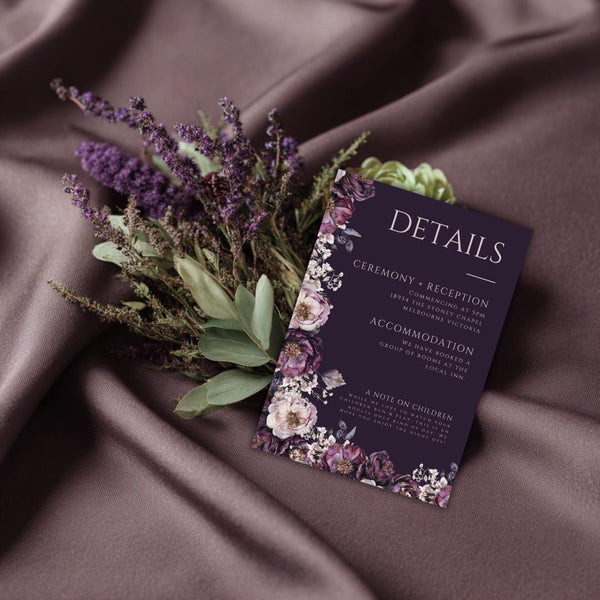 Moody Purple Wedding Details Card Template: Plum Floral, Editable Canva (PDF Download)