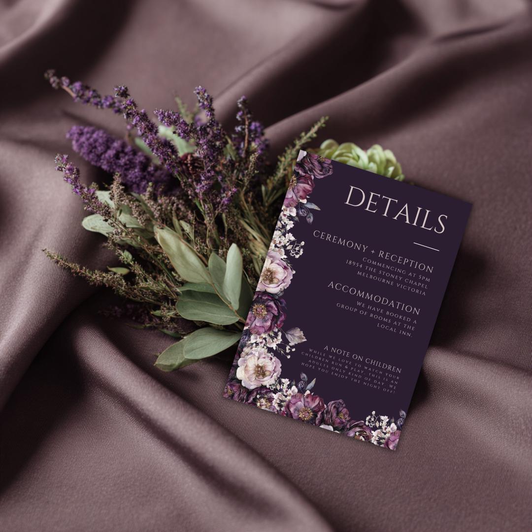 Moody Purple Wedding Details Card Template: Plum Floral, Editable Canva (PDF Download)