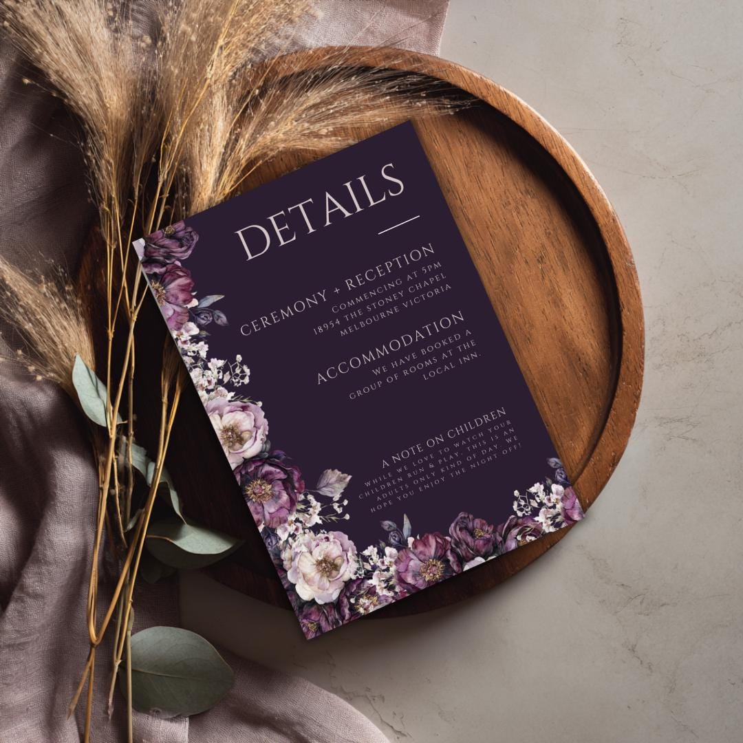 Moody Purple Wedding Details Card Template: Plum Floral, Editable Canva (PDF Download)