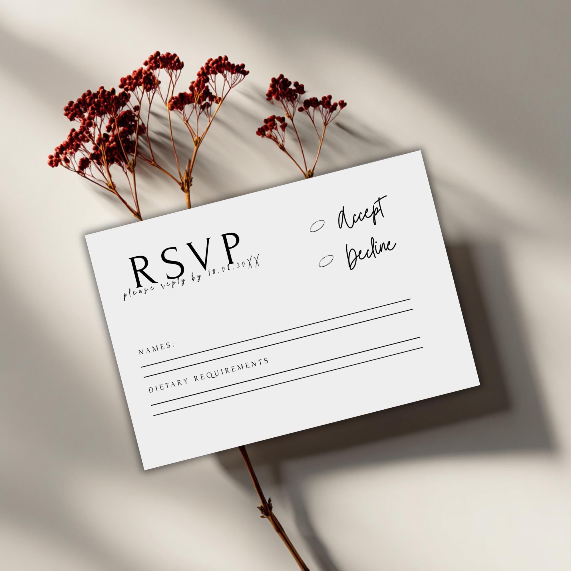 Minimalist Wedding RSVP Card Template: Modern Black & White (Instant Download, Canva Editable)