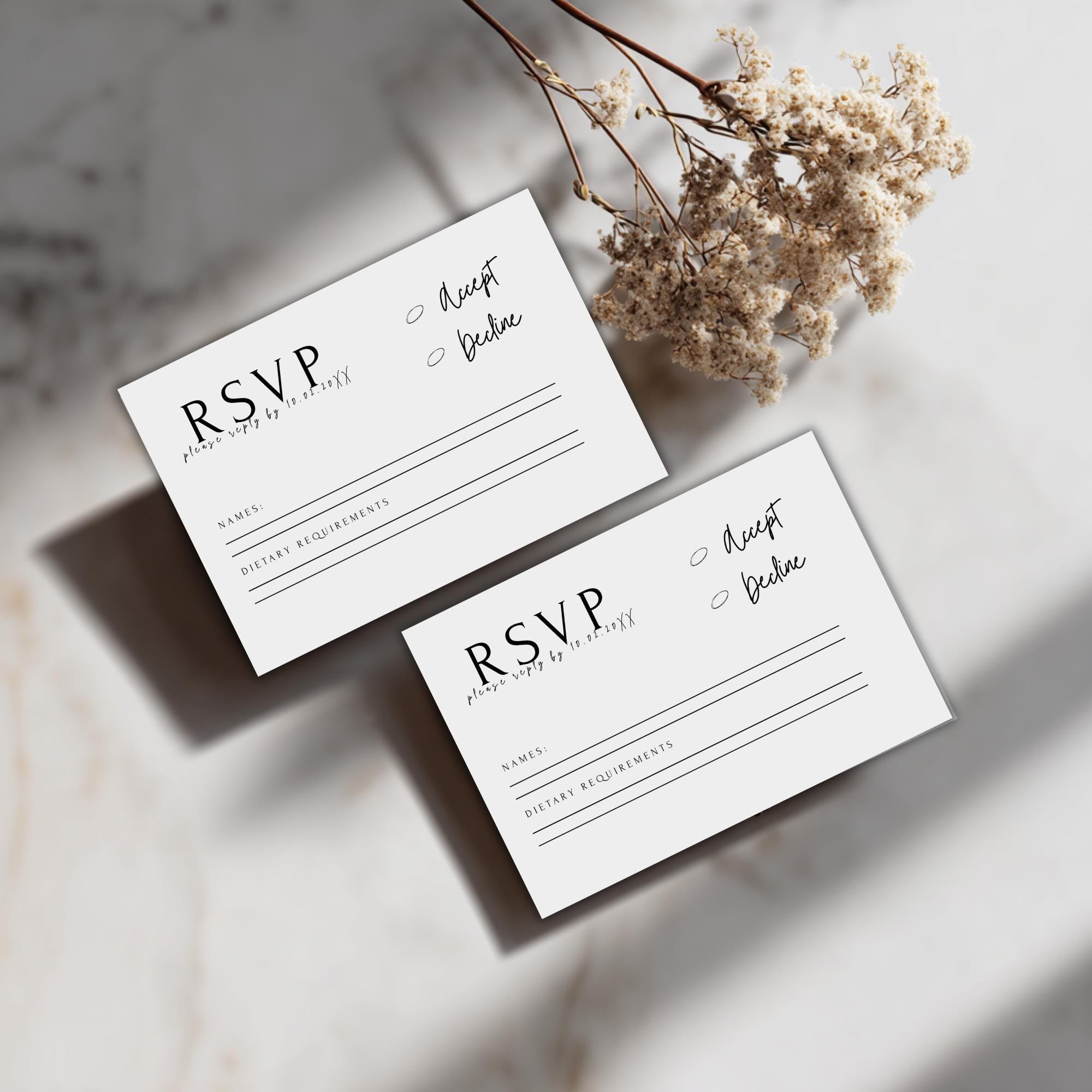 Minimalist Wedding RSVP Card Template: Modern Black & White (Instant Download, Canva Editable)