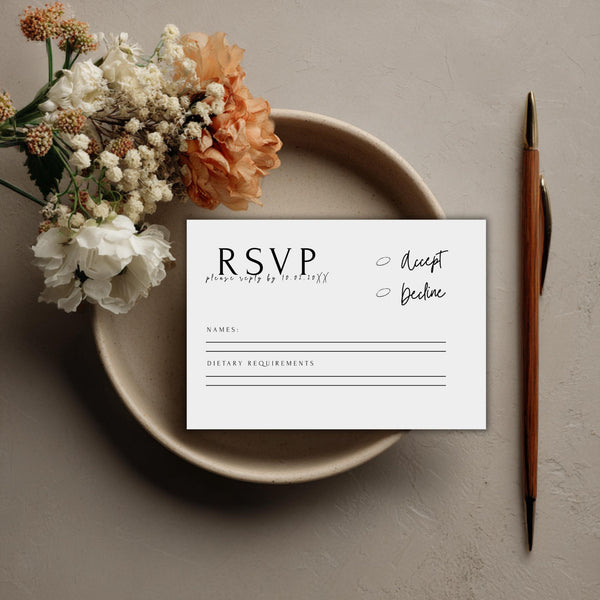 Minimalist Wedding RSVP Card Template: Modern Black & White (Instant Download, Canva Editable)