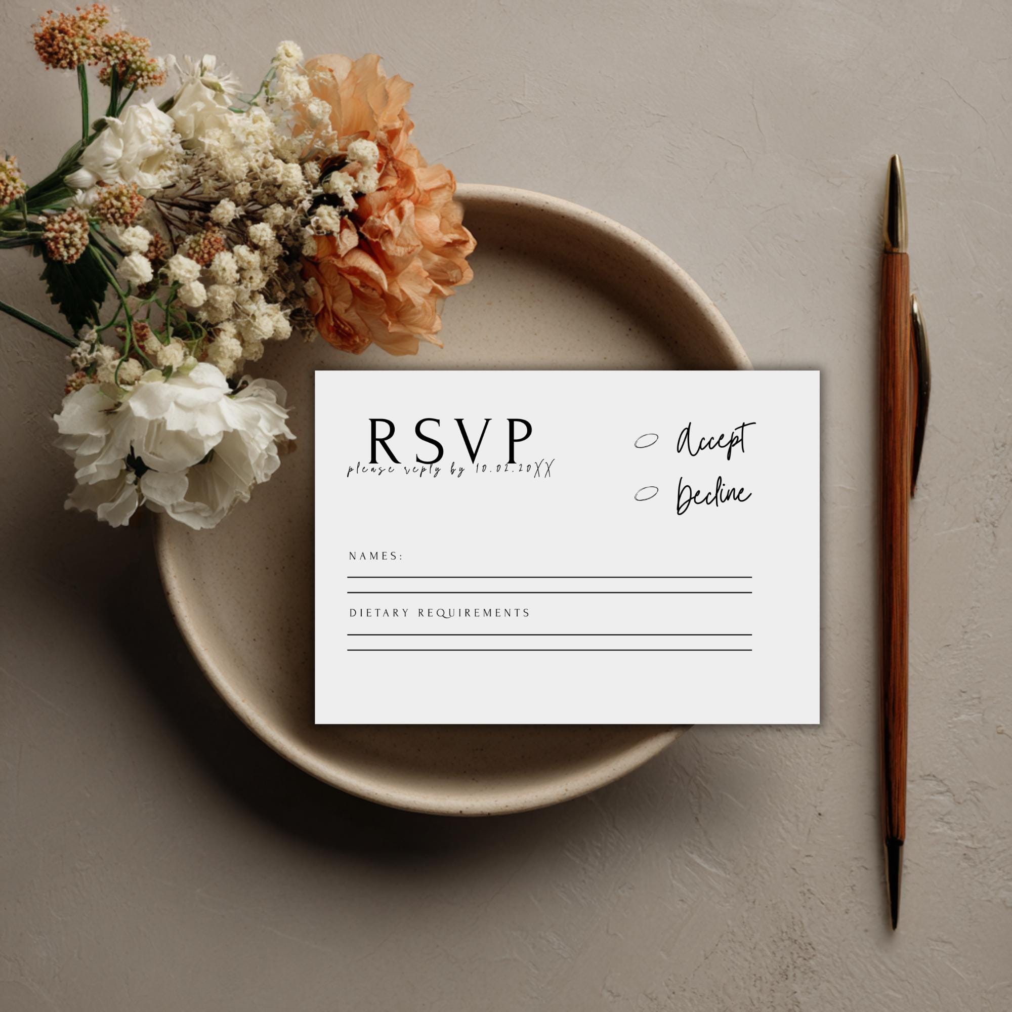 Minimalist Wedding RSVP Card Template: Modern Black & White (Instant Download, Canva Editable)
