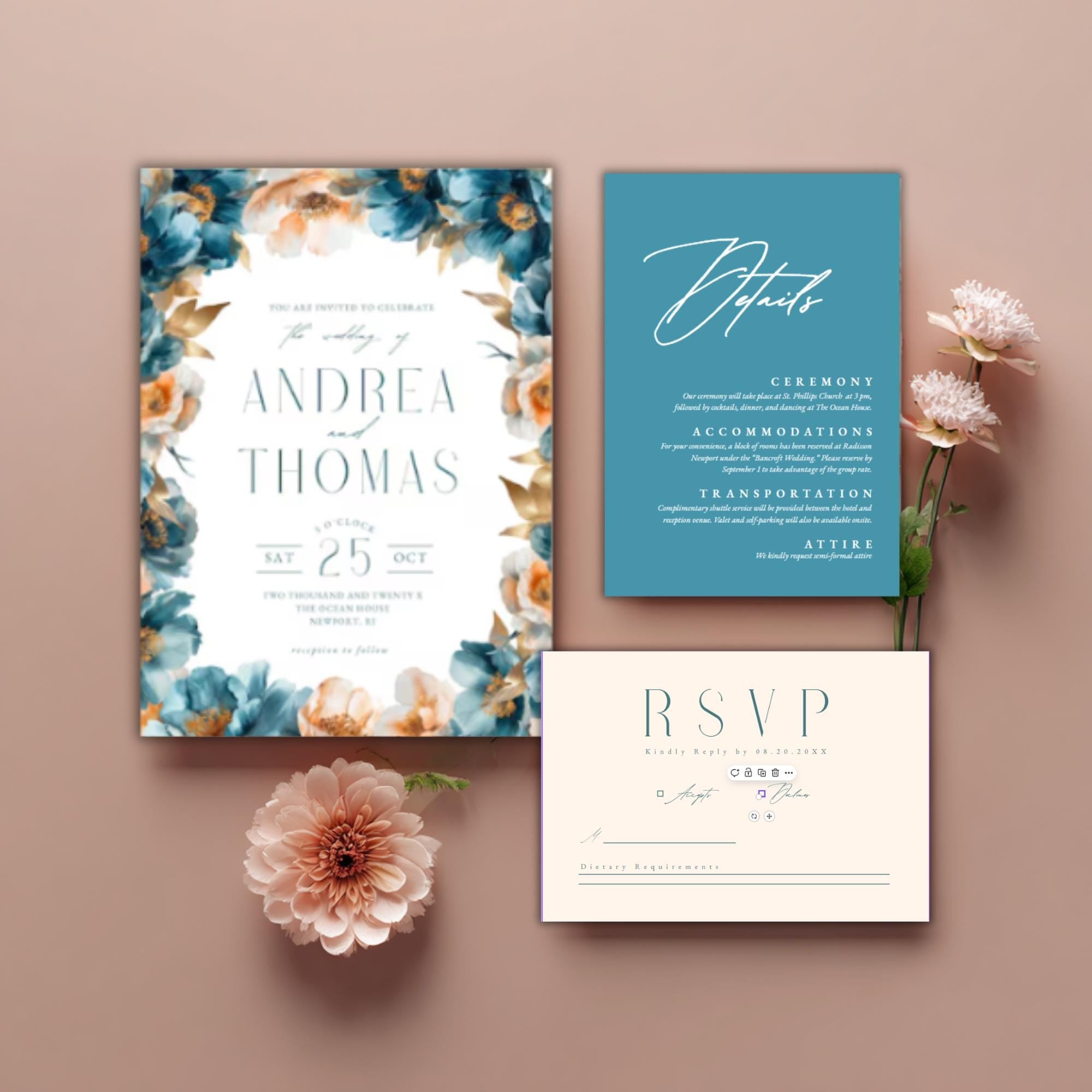 Teal & Peach Floral Wedding Invitation Suite: Editable DIY Templates