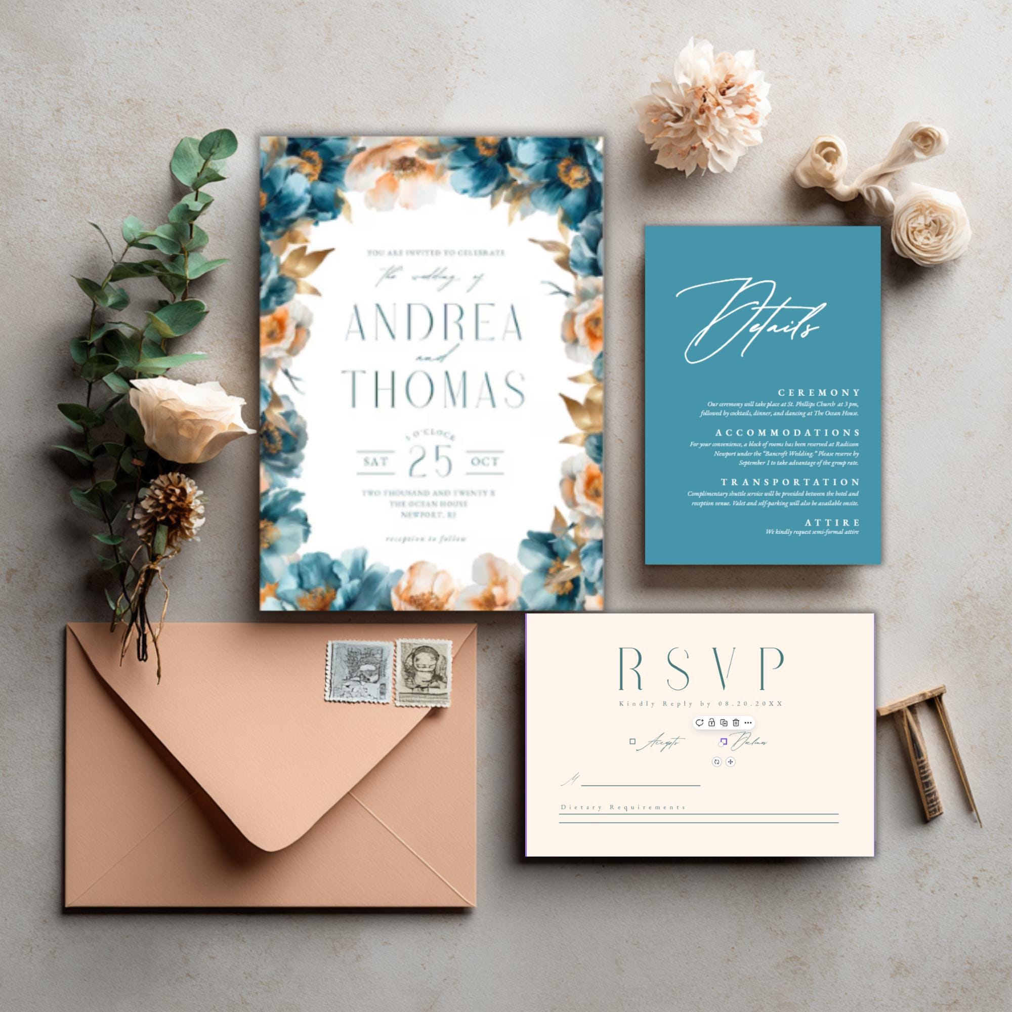 Teal & Peach Floral Wedding Invitation Suite: Editable DIY Templates
