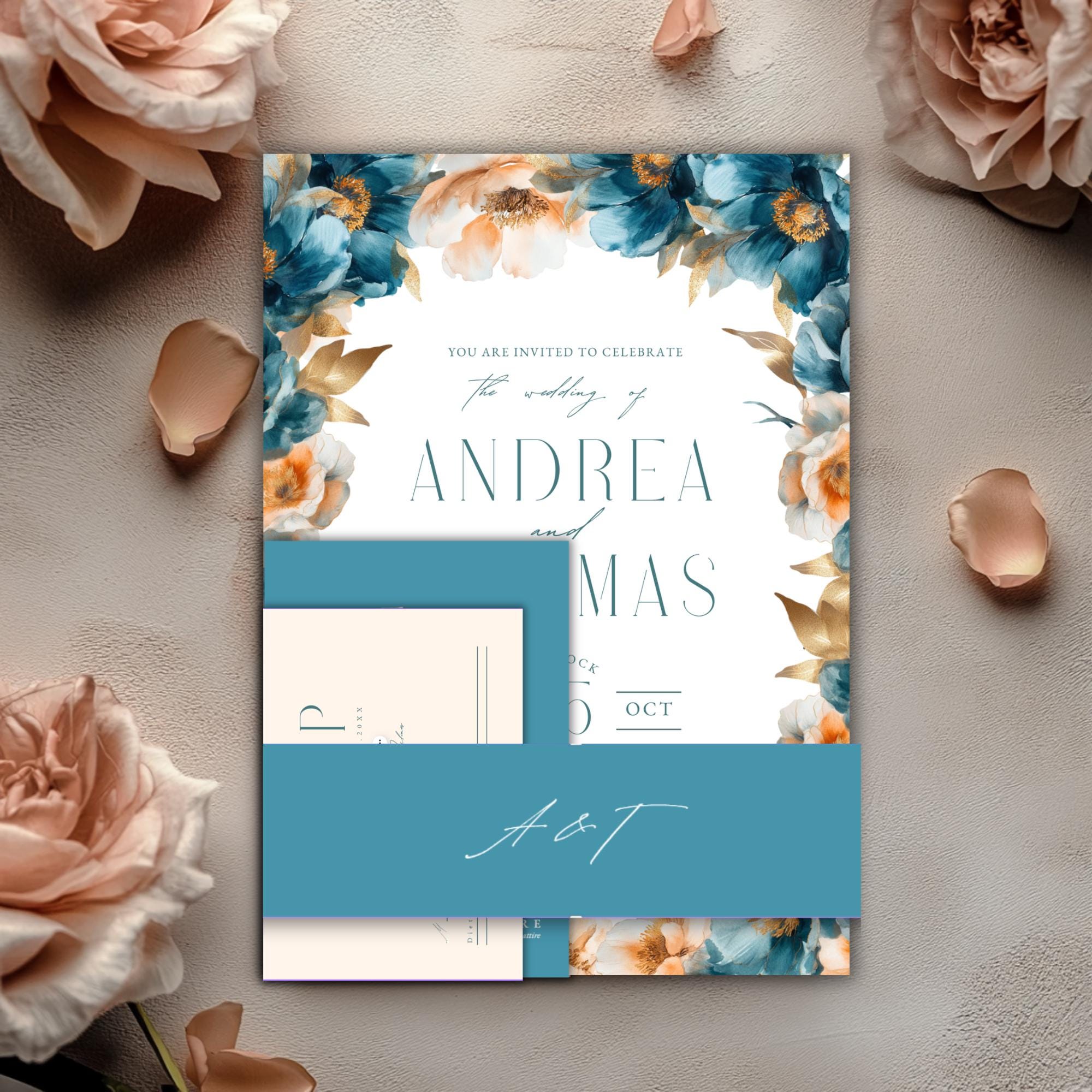 Teal & Peach Floral Wedding Invitation Suite: Editable DIY Templates