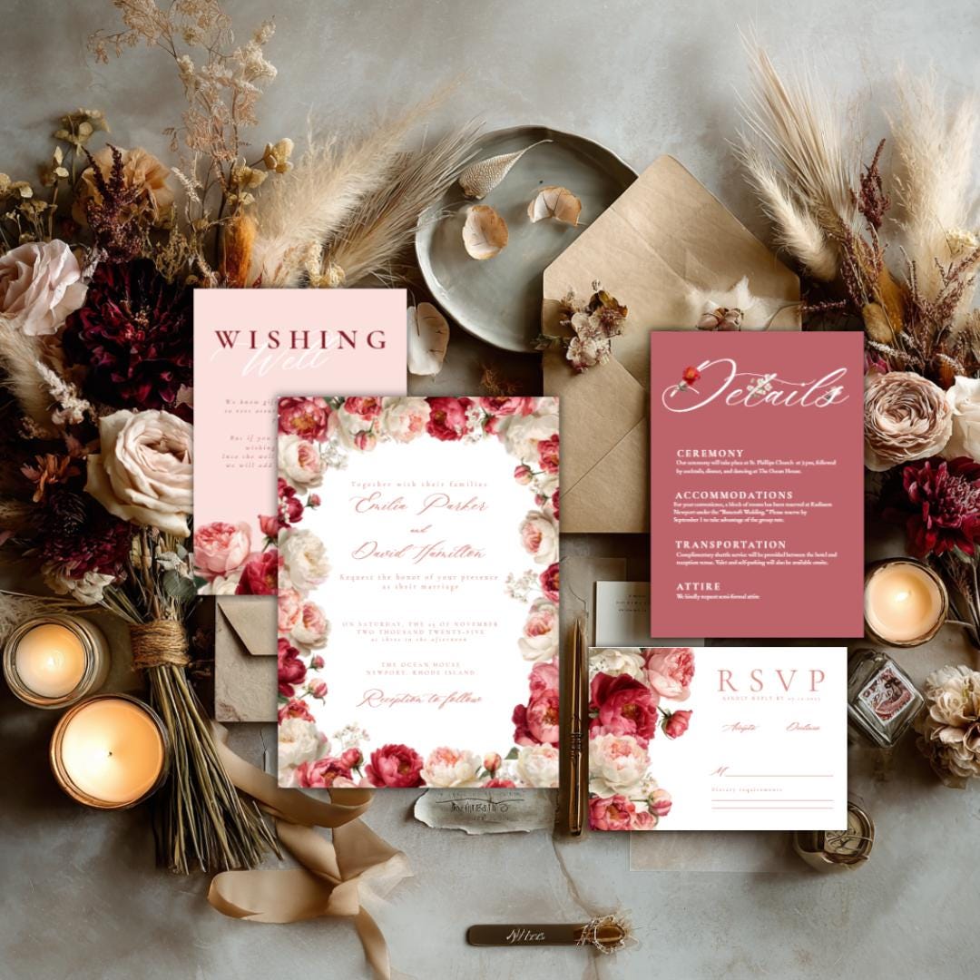 Floral Wedding Invitation Suite Template | Blush & Burgundy Peony Printable Wedding Stationery | Editable Digital Download