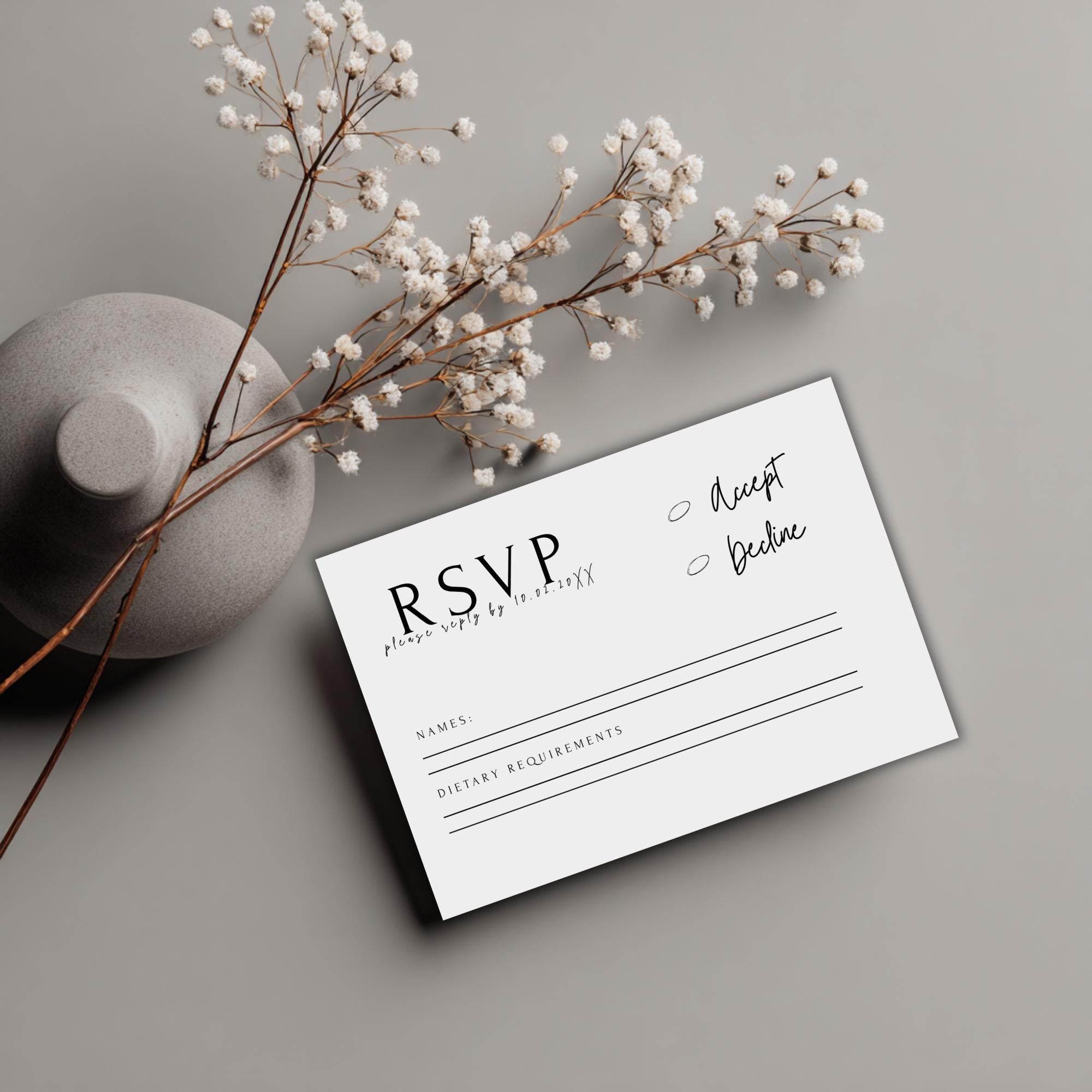 Minimalist Wedding RSVP Card Template: Modern Black & White (Instant Download, Canva Editable)