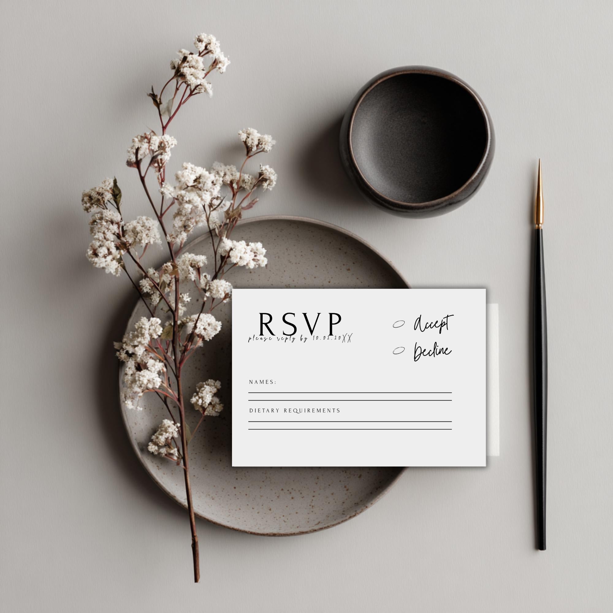 Minimalist Wedding RSVP Card Template: Modern Black & White (Instant Download, Canva Editable)