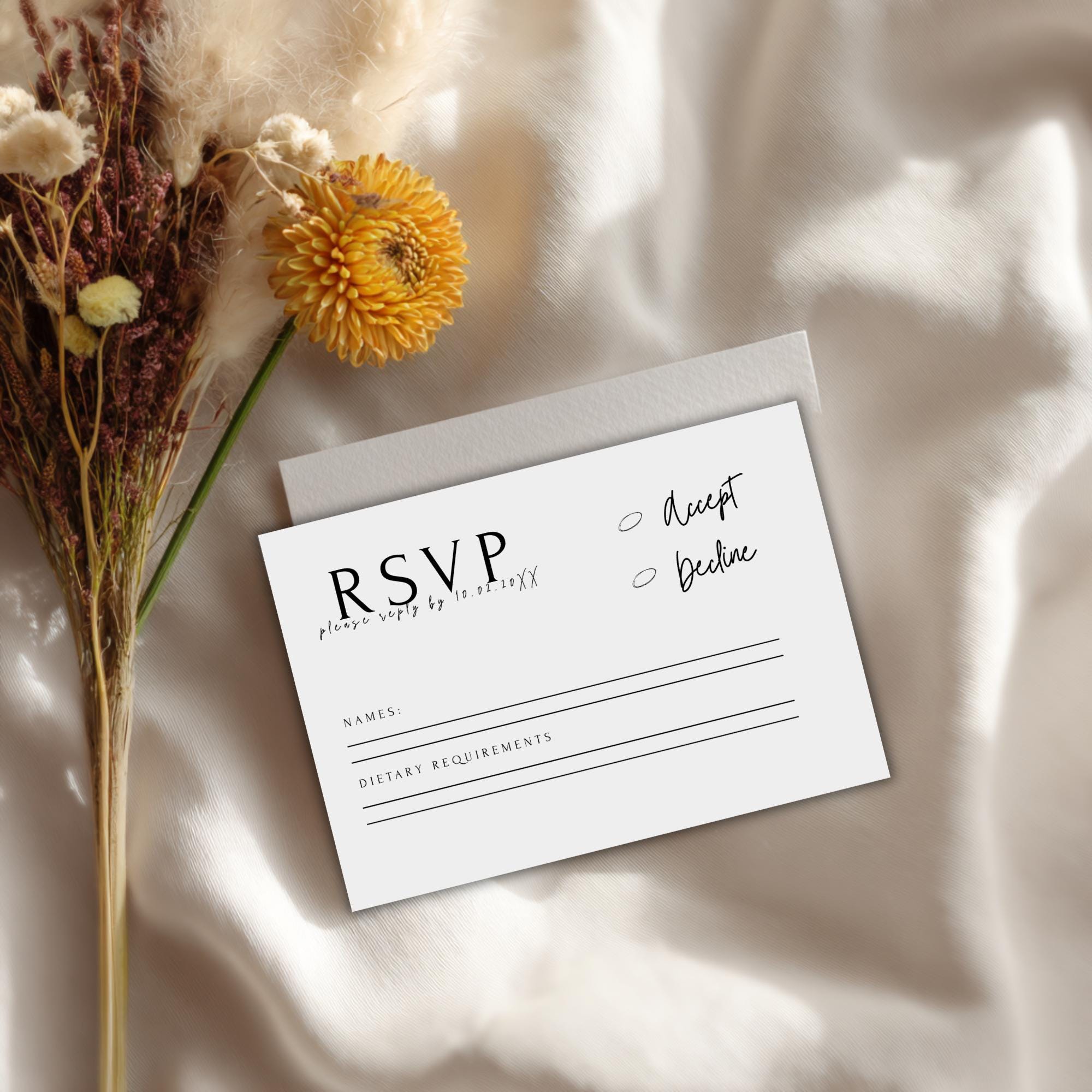 Minimalist Wedding RSVP Card Template: Modern Black & White (Instant Download, Canva Editable)