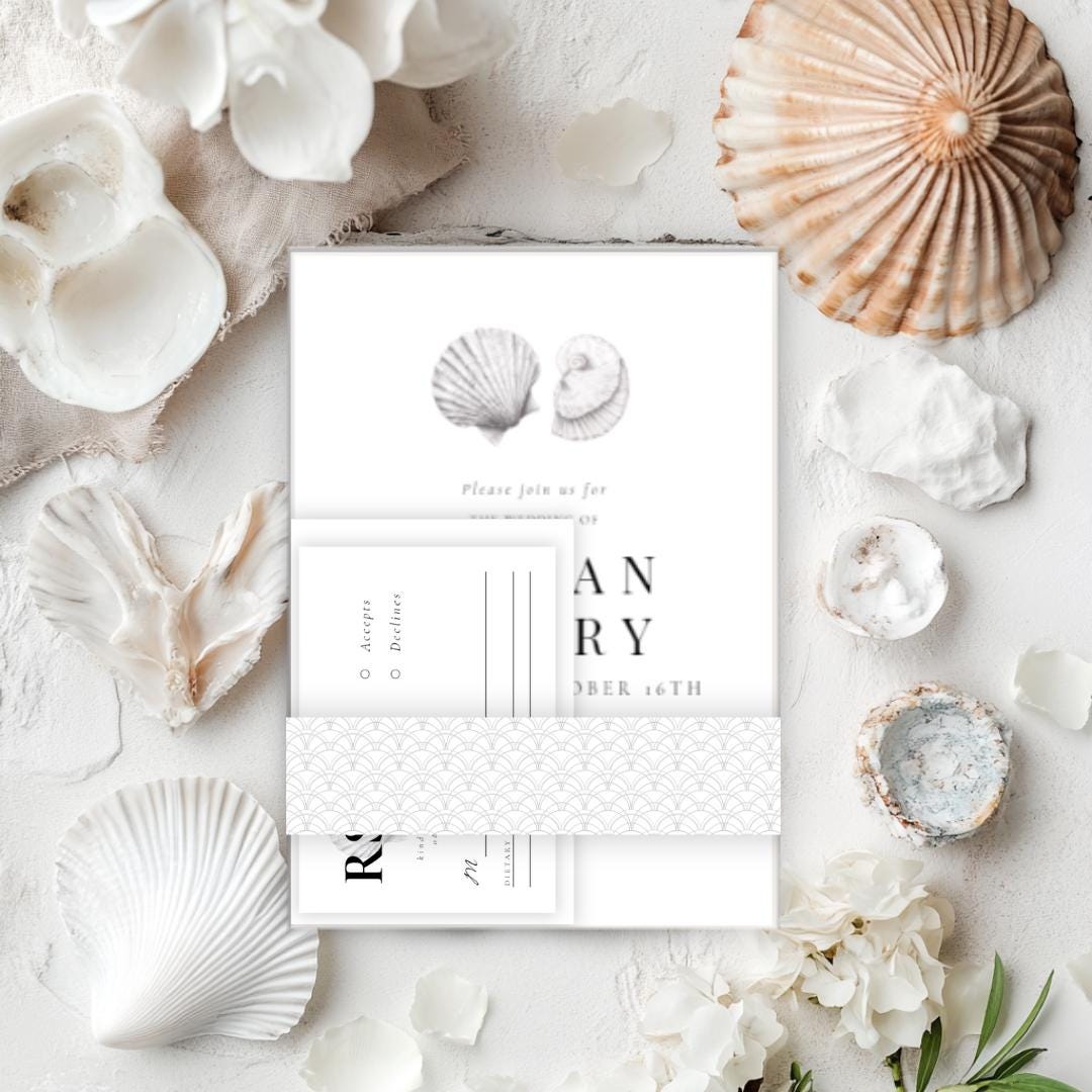 Minimalist Seashell Wedding Invitation Suite: Coastal Beach Design