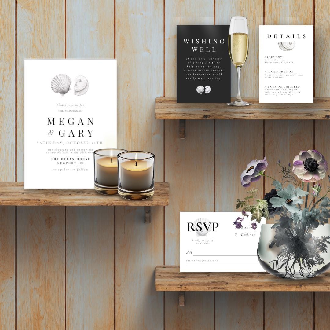 Minimalist Seashell Wedding Invitation Suite: Coastal Beach Design