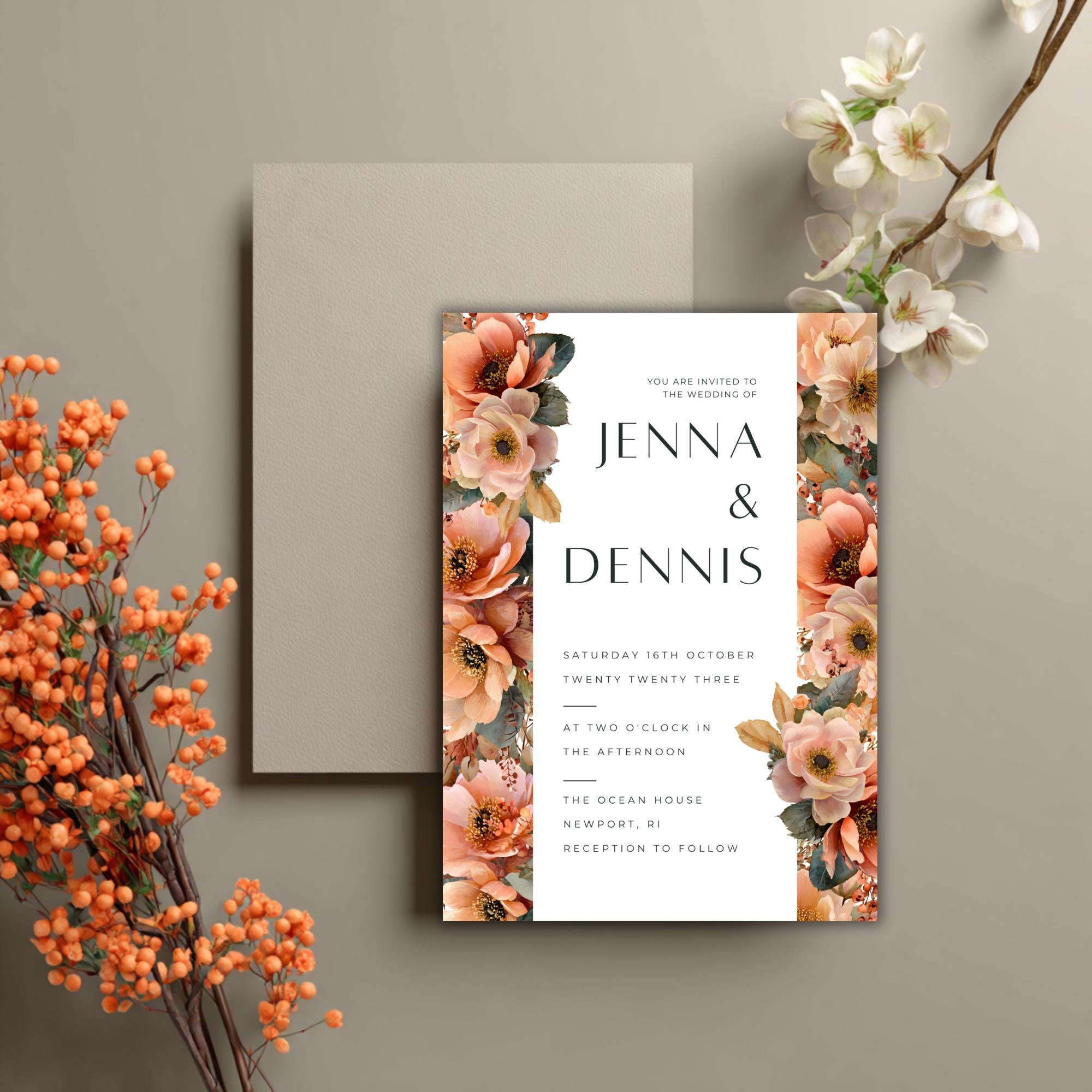 Floral Wedding Invitation Template: Sunset Canva Design (Digital Download)