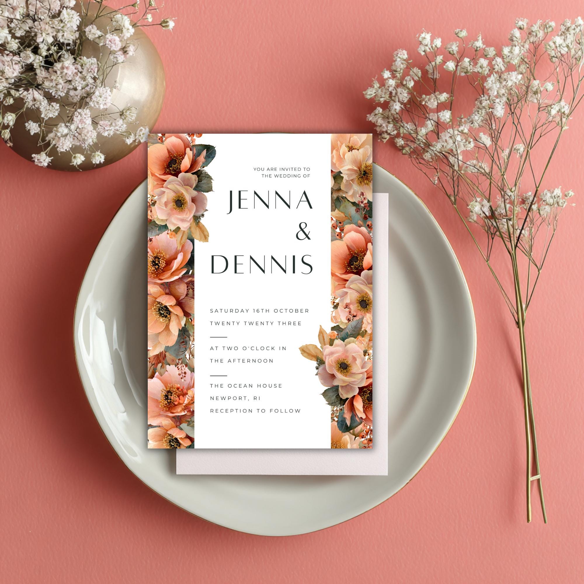 Floral Wedding Invitation Template: Sunset Canva Design (Digital Download)
