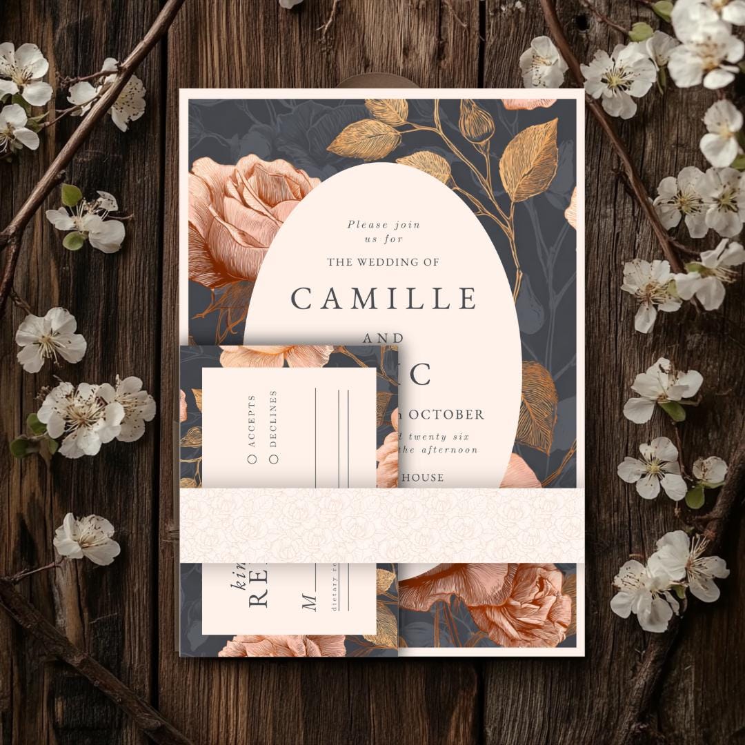 Copper Rose Wedding Invitation Suite: Elegant Floral Template (Canva)