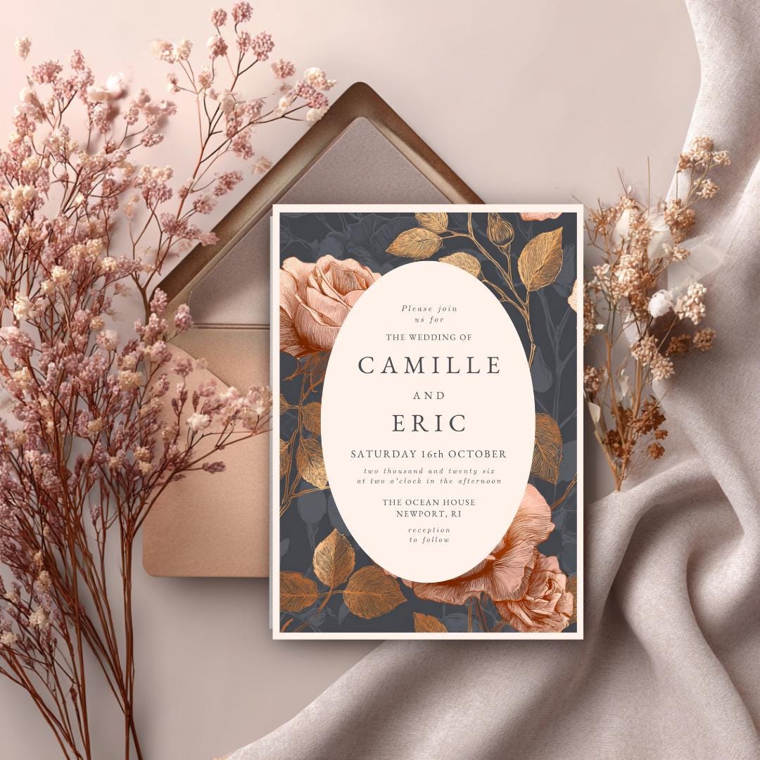Copper Rose Wedding Invitation Suite: Elegant Floral Template (Canva)