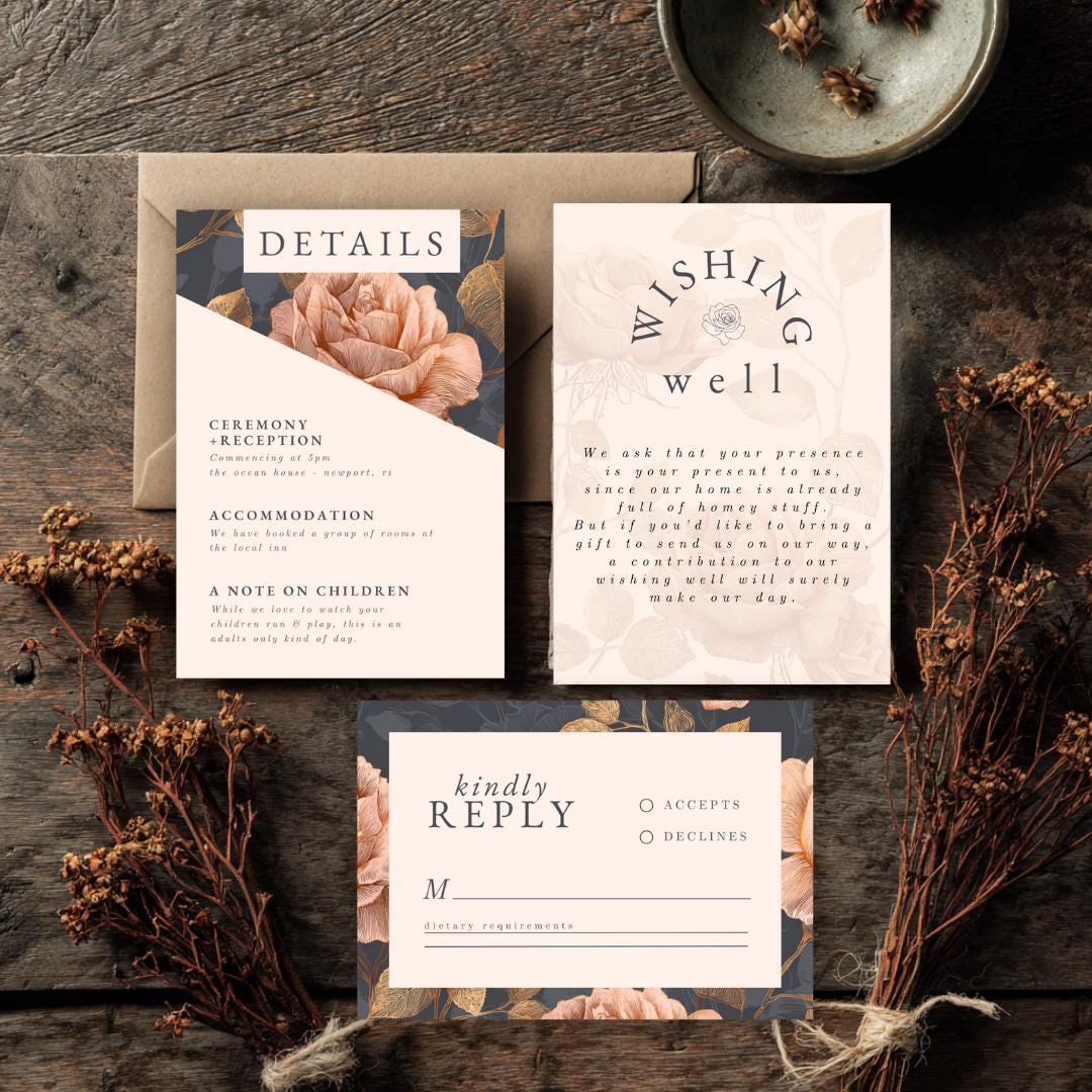 Copper Rose Wedding Invitation Suite: Elegant Floral Template (Canva)
