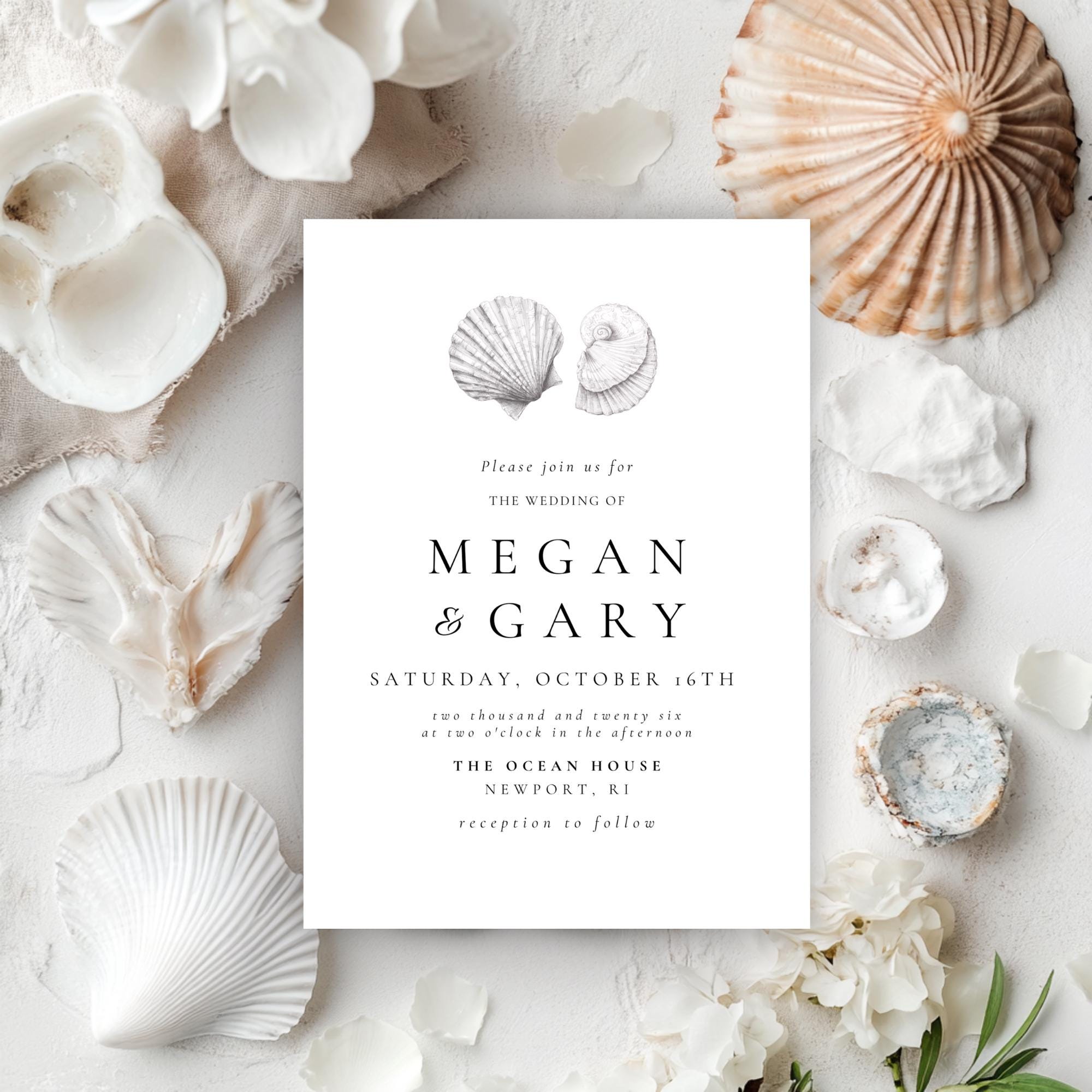 Seashell Wedding Invitation Template: Coastal Beach Printable (Canva Editable)