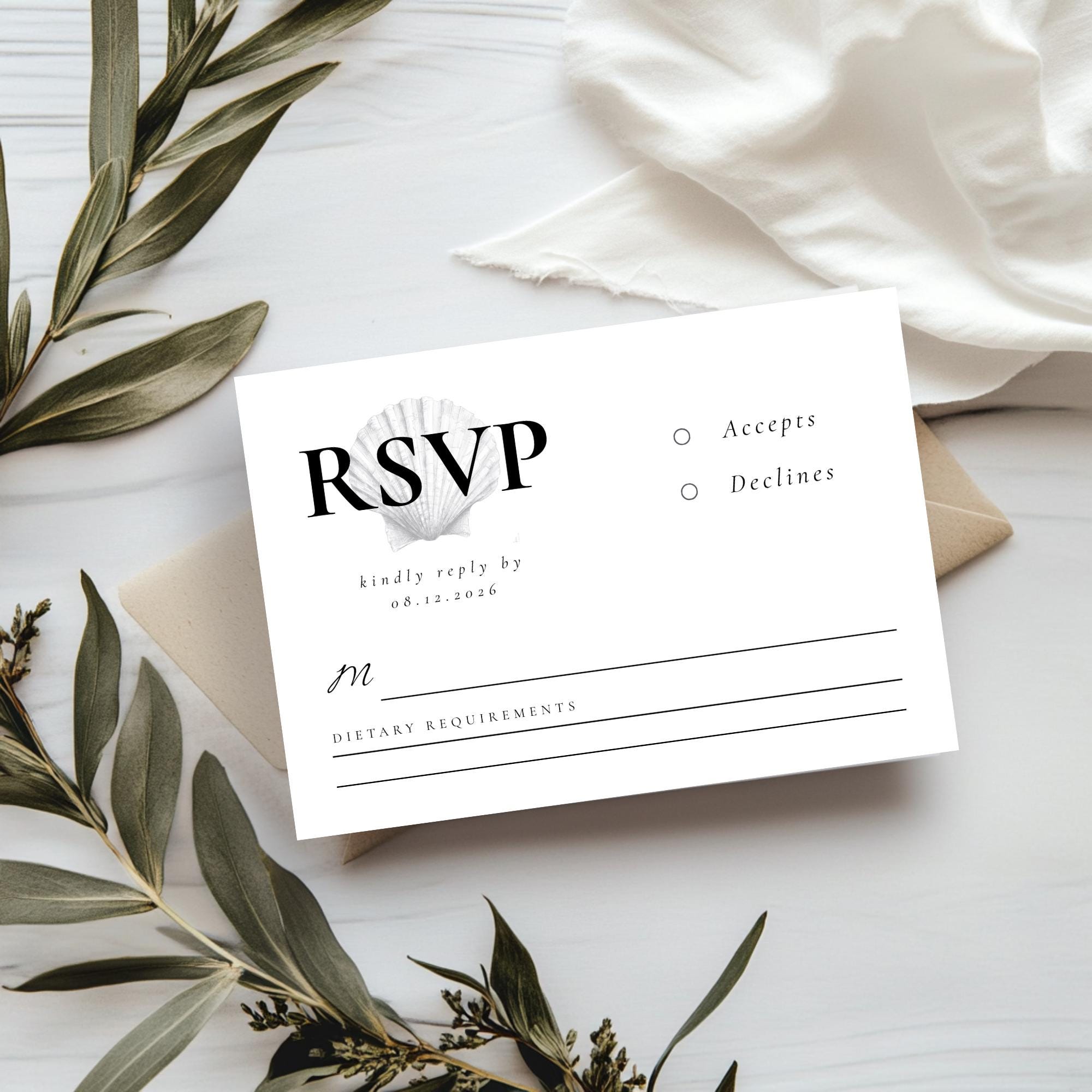 Seashell Wedding RSVP Card Template - Coastal Beach Design - Instant Download - Sea Shell Wedding Theme
