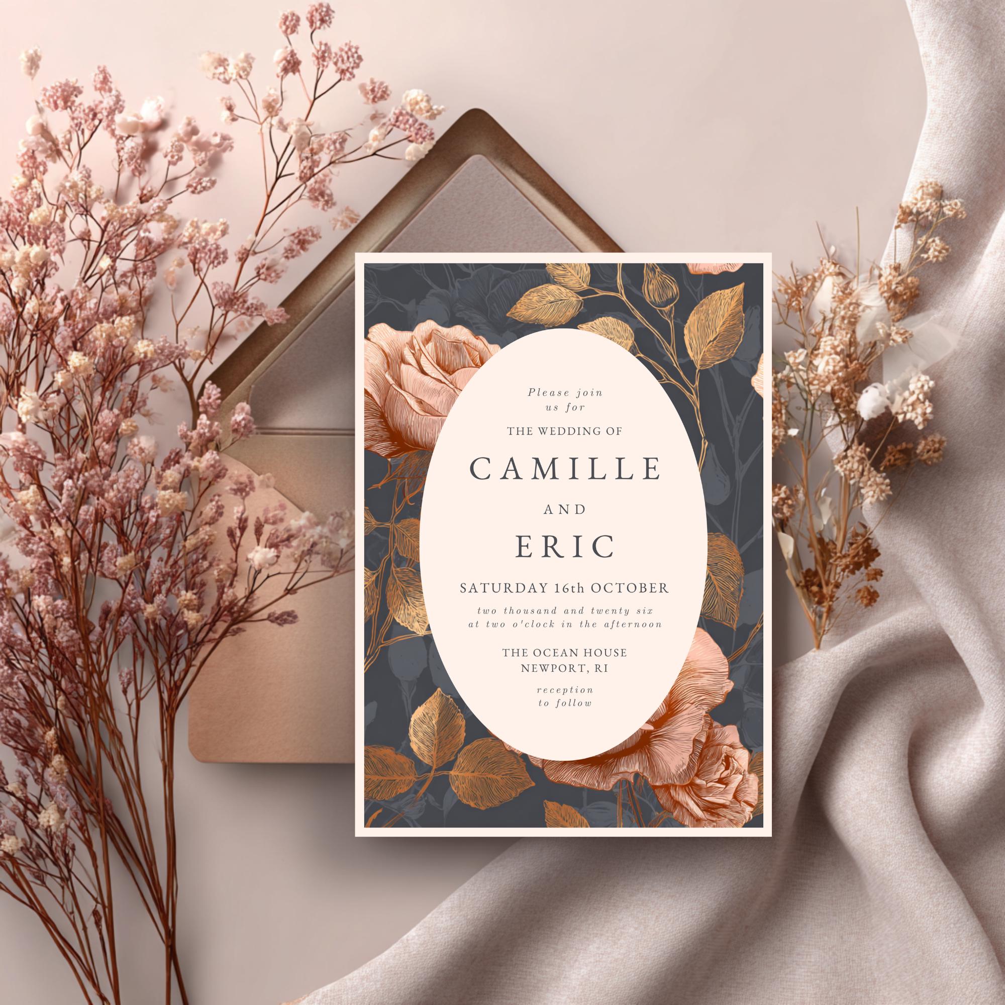 Rose & Gold Wedding Invitation Template: Editable Floral Design (Digital Download)