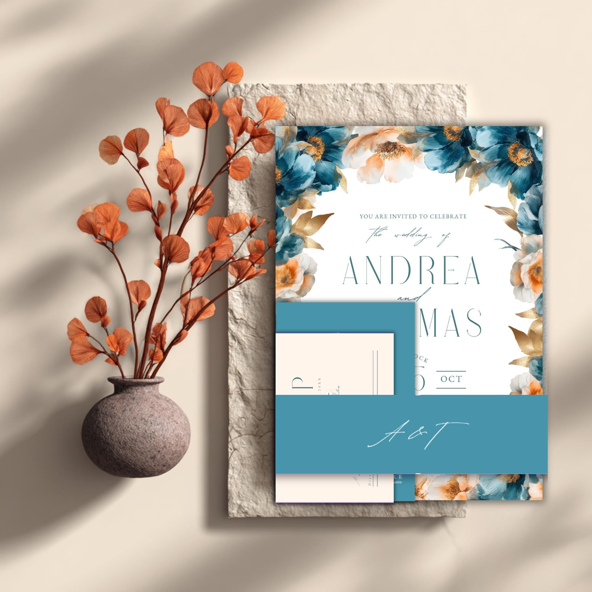 Teal & Peach Floral Wedding Invitation Suite: Editable DIY Templates