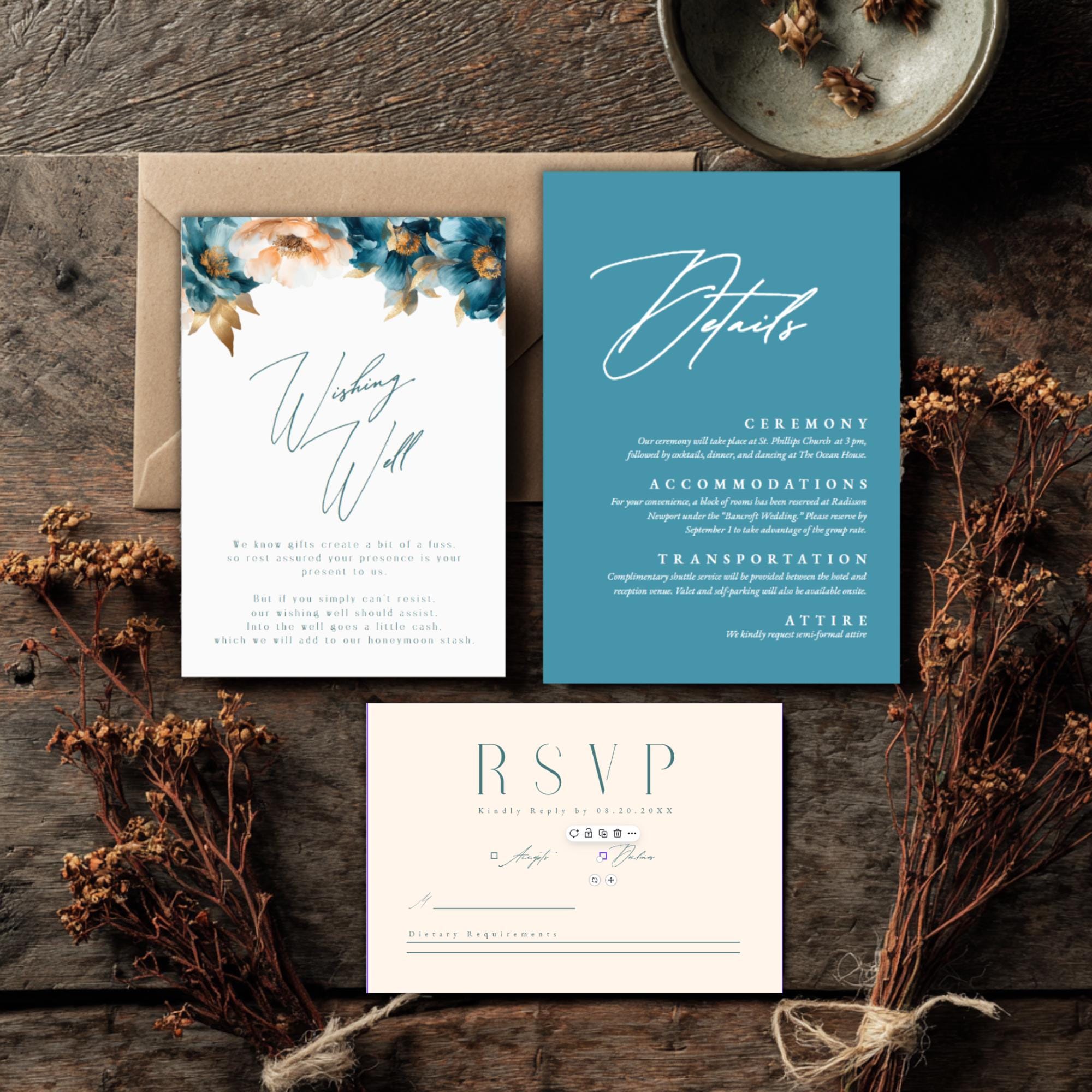 Teal & Peach Floral Wedding Invitation Suite: Editable DIY Templates