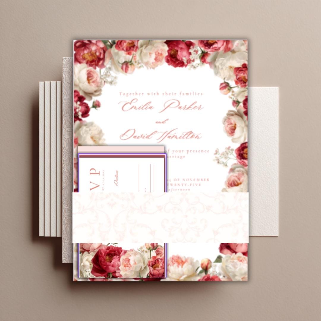Floral Wedding Invitation Suite Template | Blush & Burgundy Peony Printable Wedding Stationery | Editable Digital Download