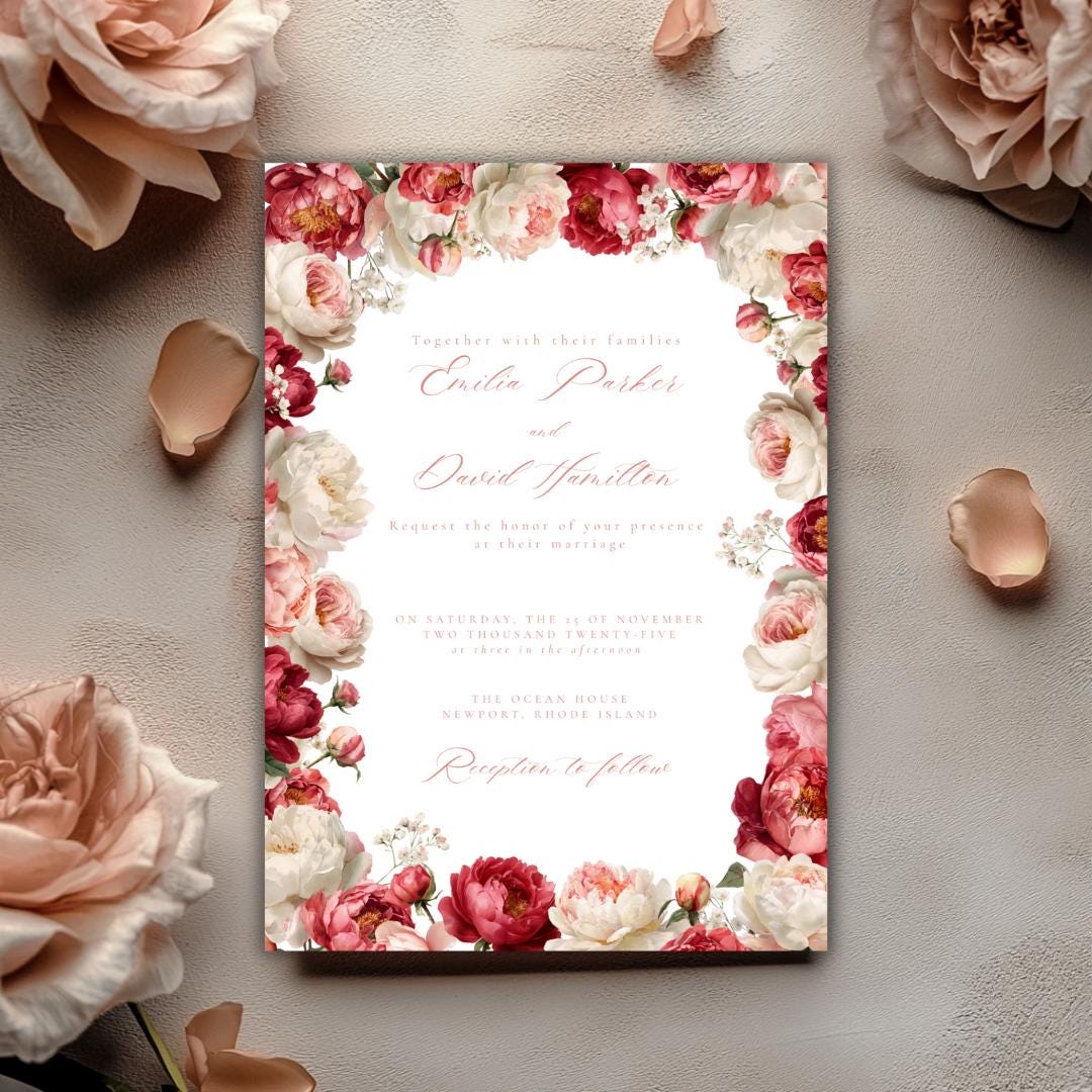 Floral Wedding Invitation Suite Template | Blush & Burgundy Peony Printable Wedding Stationery | Editable Digital Download