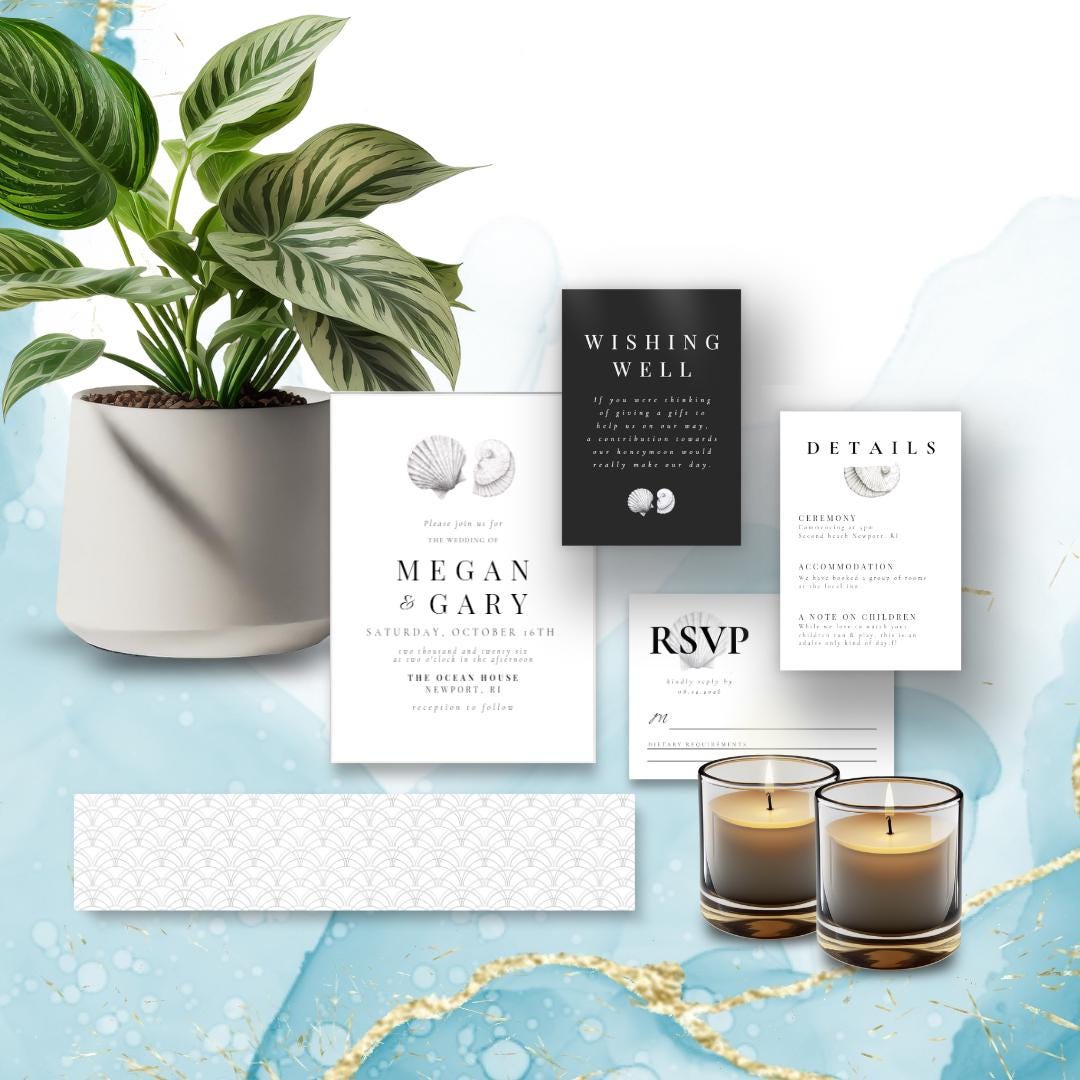 Minimalist Seashell Wedding Invitation Suite: Coastal Beach Design