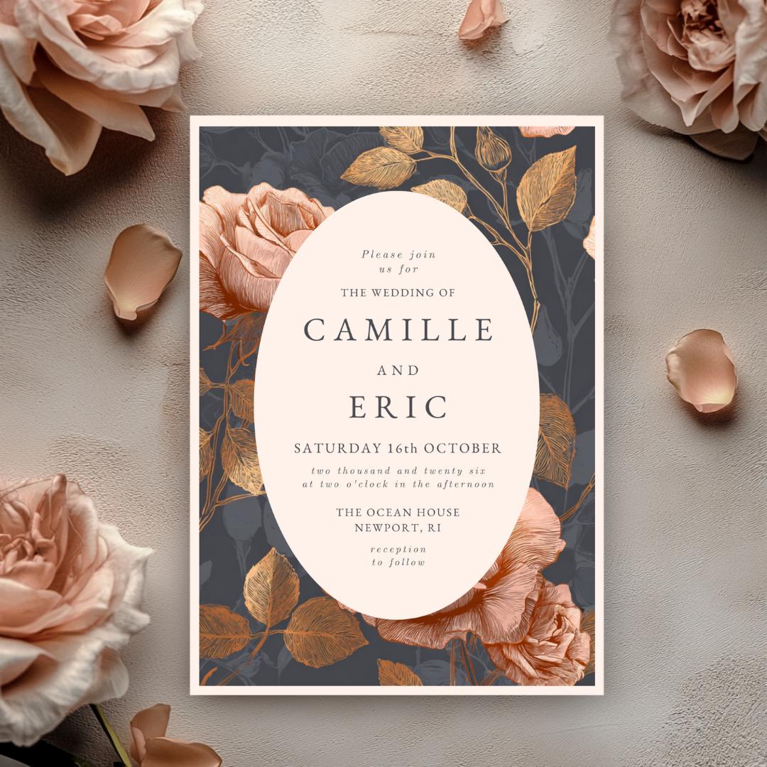 Copper Rose Wedding Invitation Suite: Elegant Floral Template (Canva)