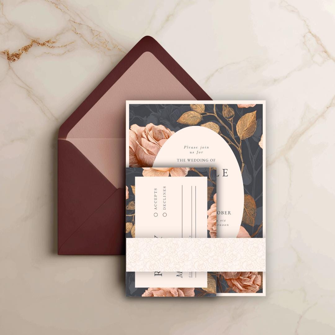 Copper Rose Wedding Invitation Suite: Elegant Floral Template (Canva)