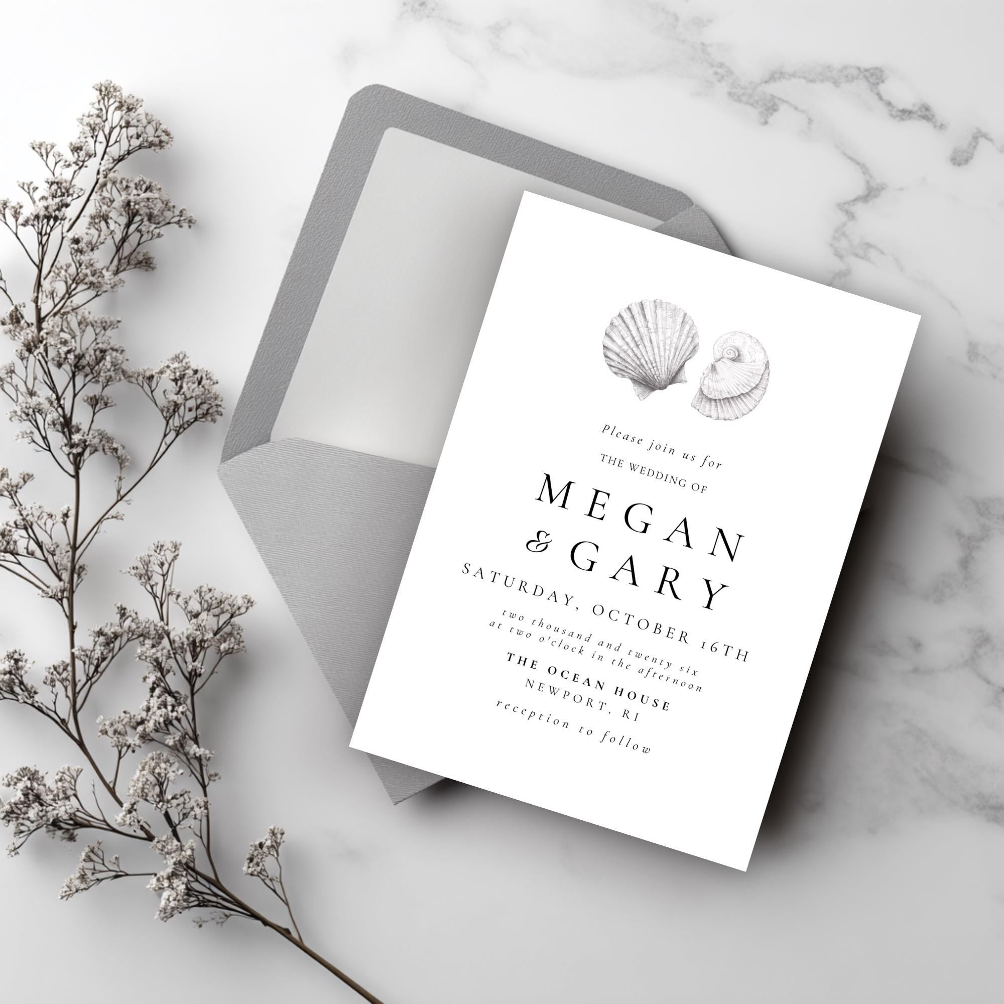 Seashell Wedding Invitation Template: Coastal Beach Printable (Canva Editable)