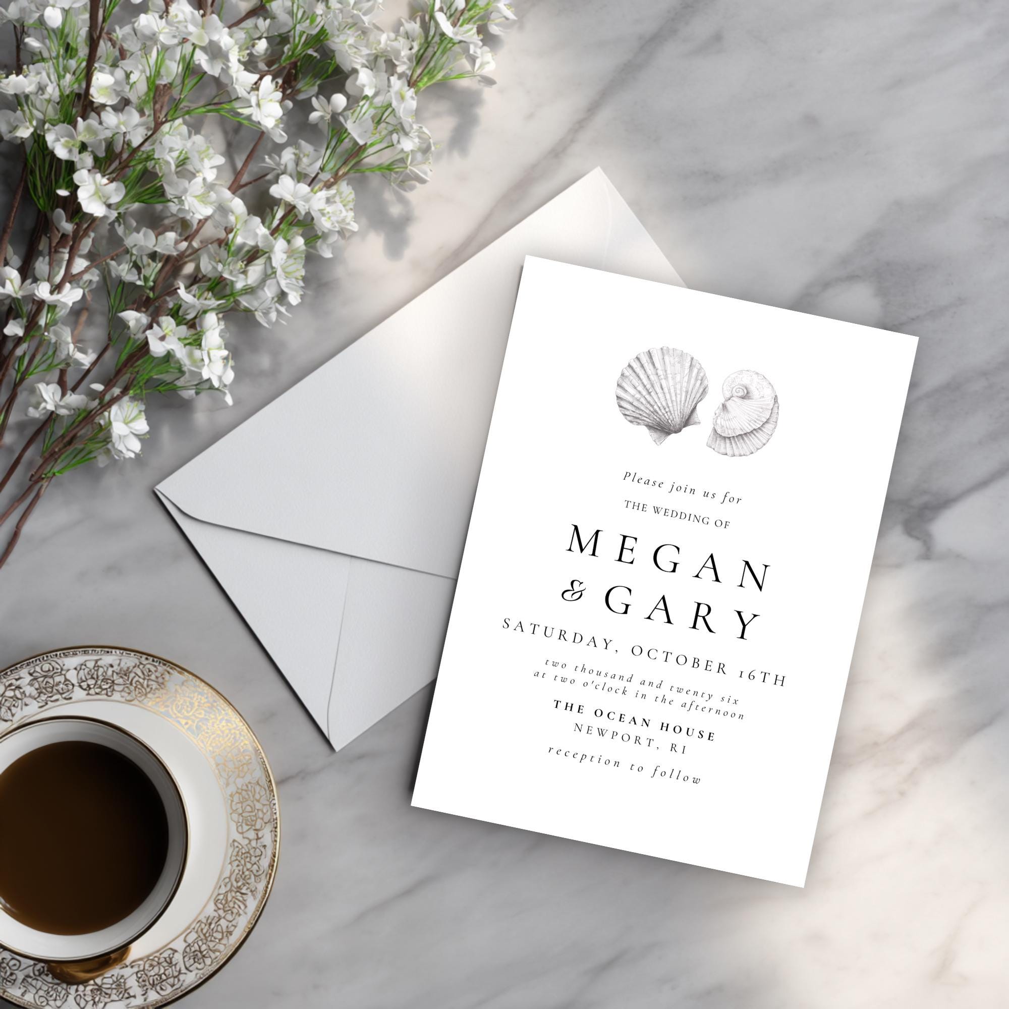 Seashell Wedding Invitation Template: Coastal Beach Printable (Canva Editable)