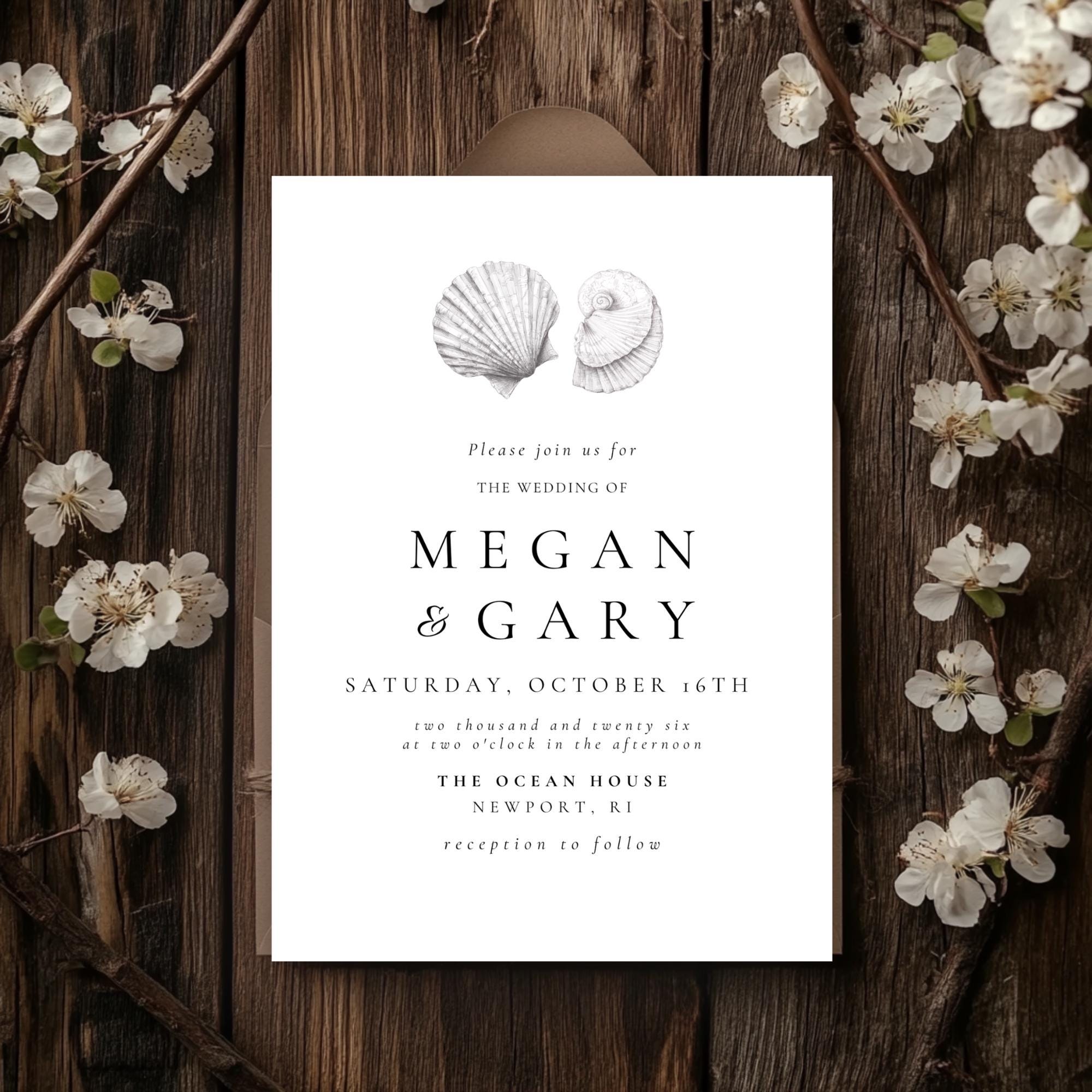 Seashell Wedding Invitation Template: Coastal Beach Printable (Canva Editable)
