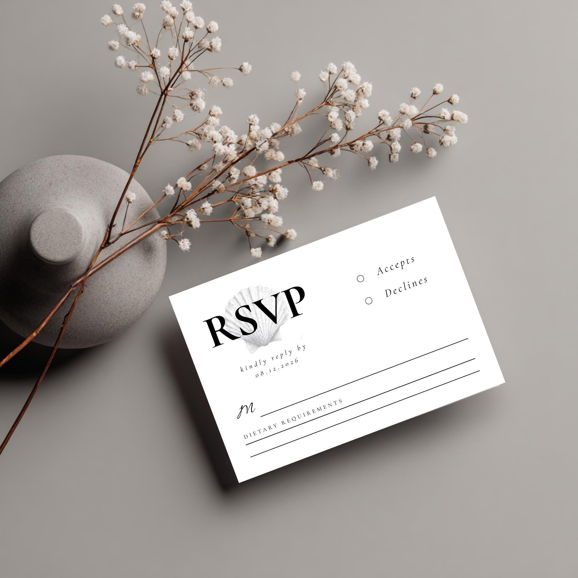 Seashell Wedding RSVP Card Template - Coastal Beach Design - Instant Download - Sea Shell Wedding Theme