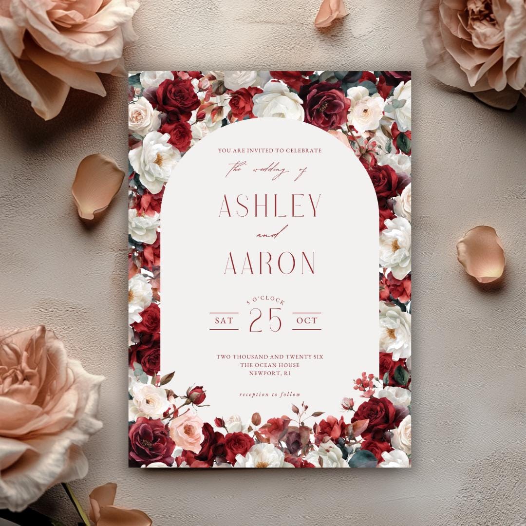 Red & White Floral Wedding Invitation Template (Canva Editable)