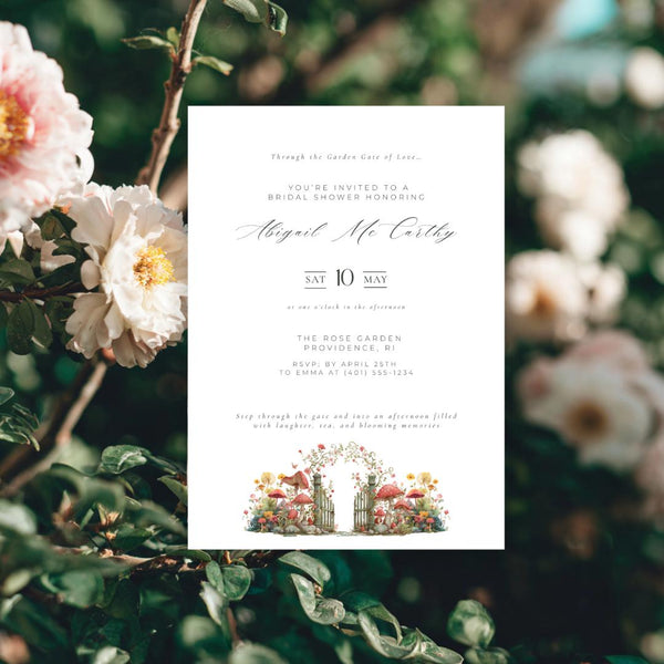 Elegant Garden Gate Bridal Shower Invitation Template (Editable Canva)