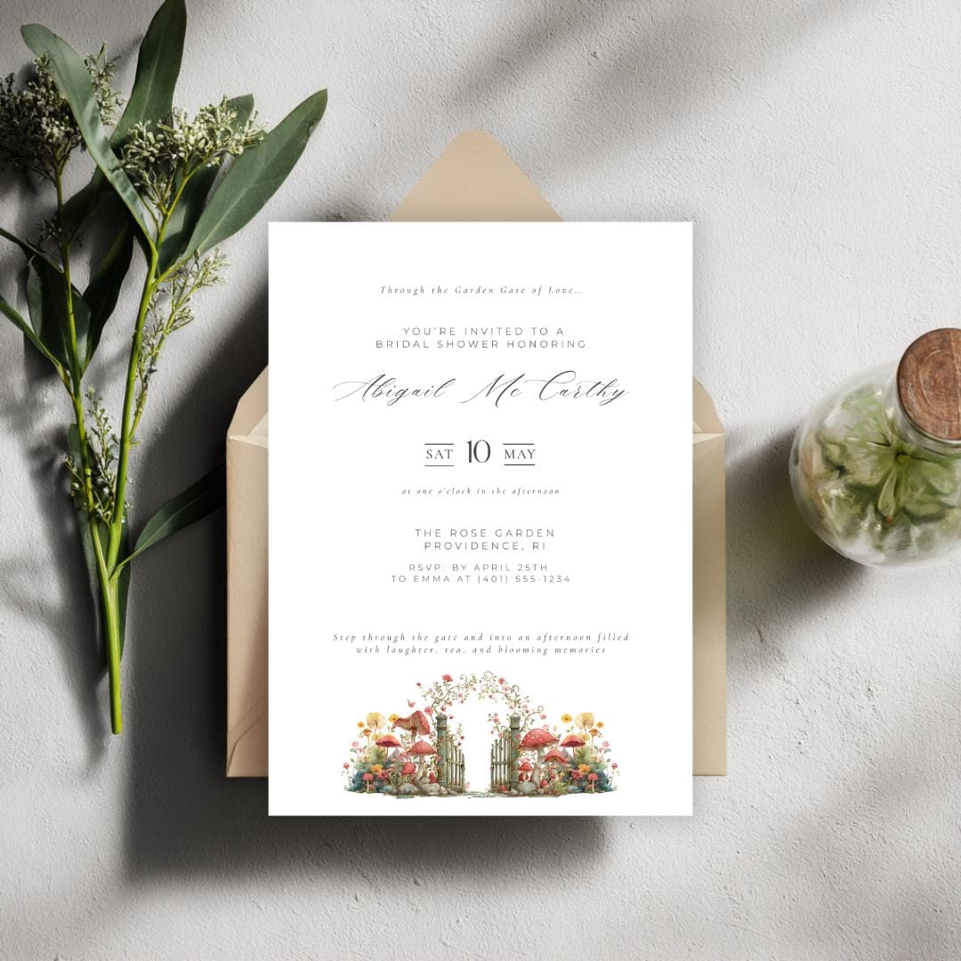 Elegant Garden Gate Bridal Shower Invitation Template (Editable Canva)