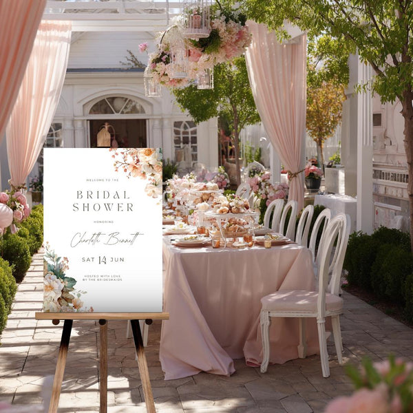 Bridal Shower Welcome Sign Editable Template, Light Peach Floral Boho Garden Sign, Printable Canva Template, 18x24 Wedding Shower Sign