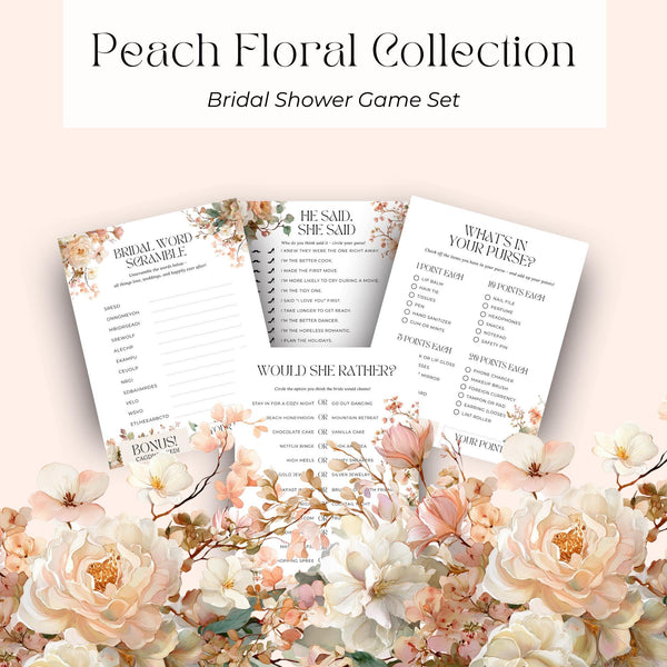 Bridal Shower Game Bundle, Light Peach Floral Collection, 4 Printable Games, Boho Garden PDF Set