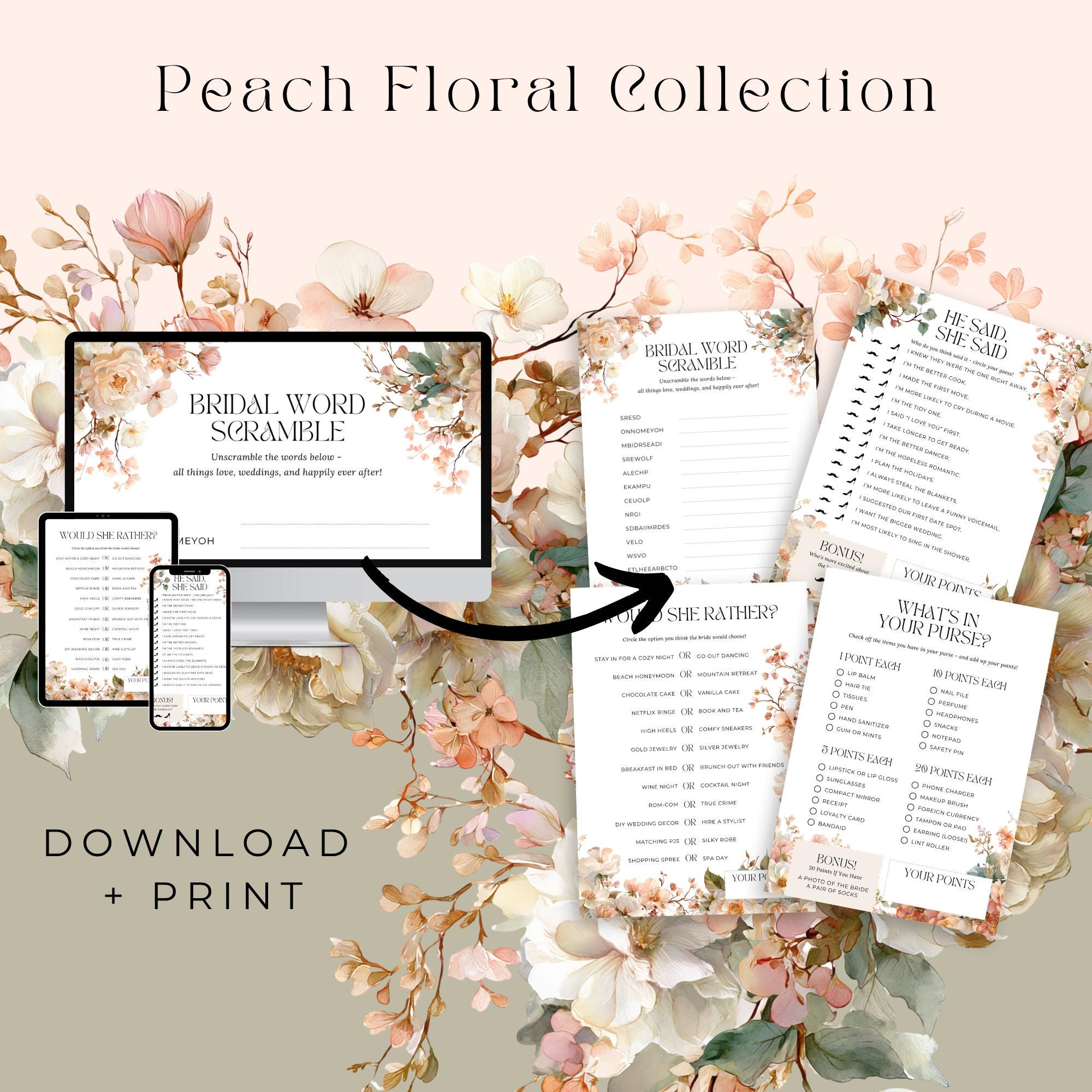 Bridal Shower Game Bundle, Light Peach Floral Collection, 4 Printable Games, Boho Garden PDF Set