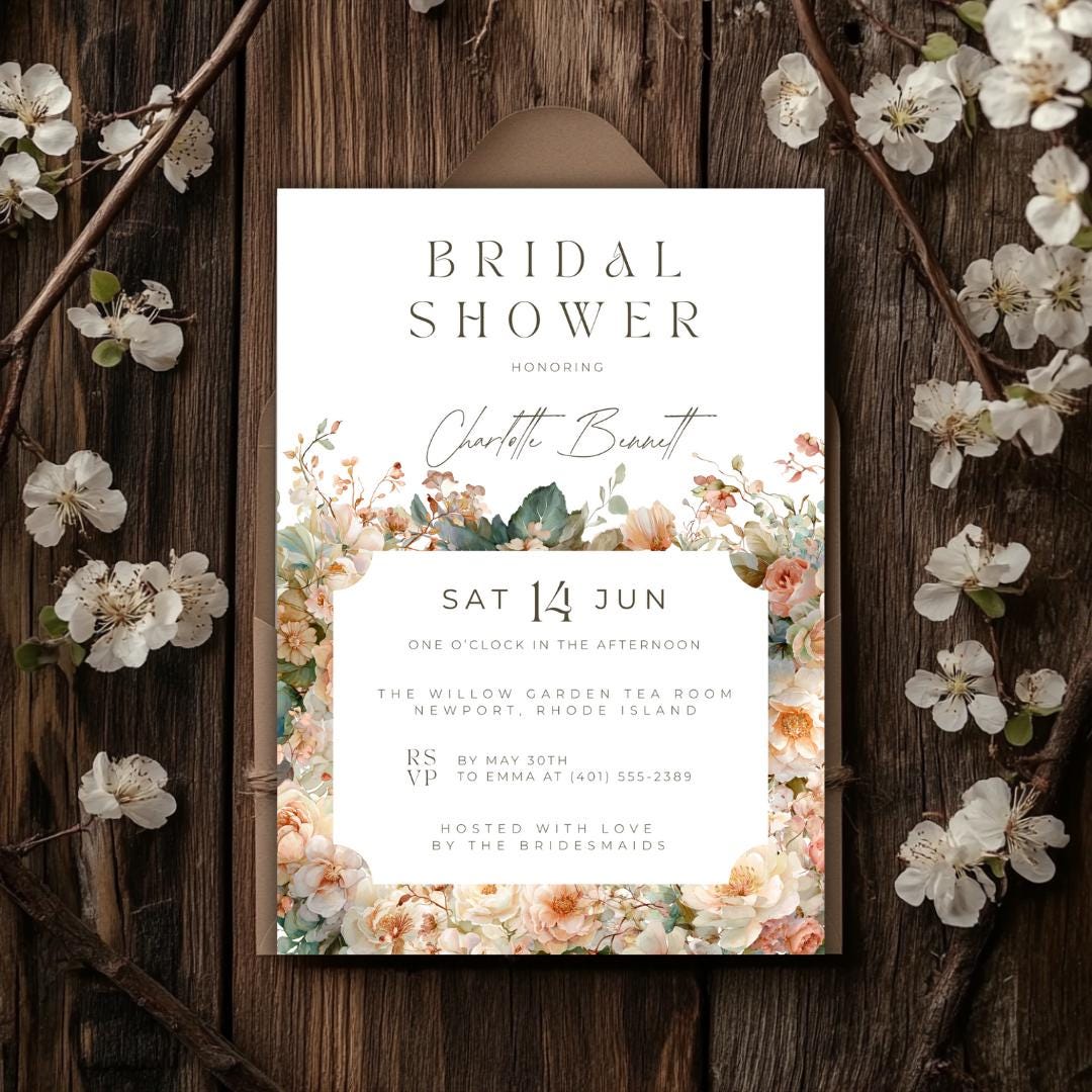 Bridal Shower Template Suite Peach Flowers | Invitation, Menu, Welcome Sign, Well Wishes | Editable Canva Templates for DIY Brides