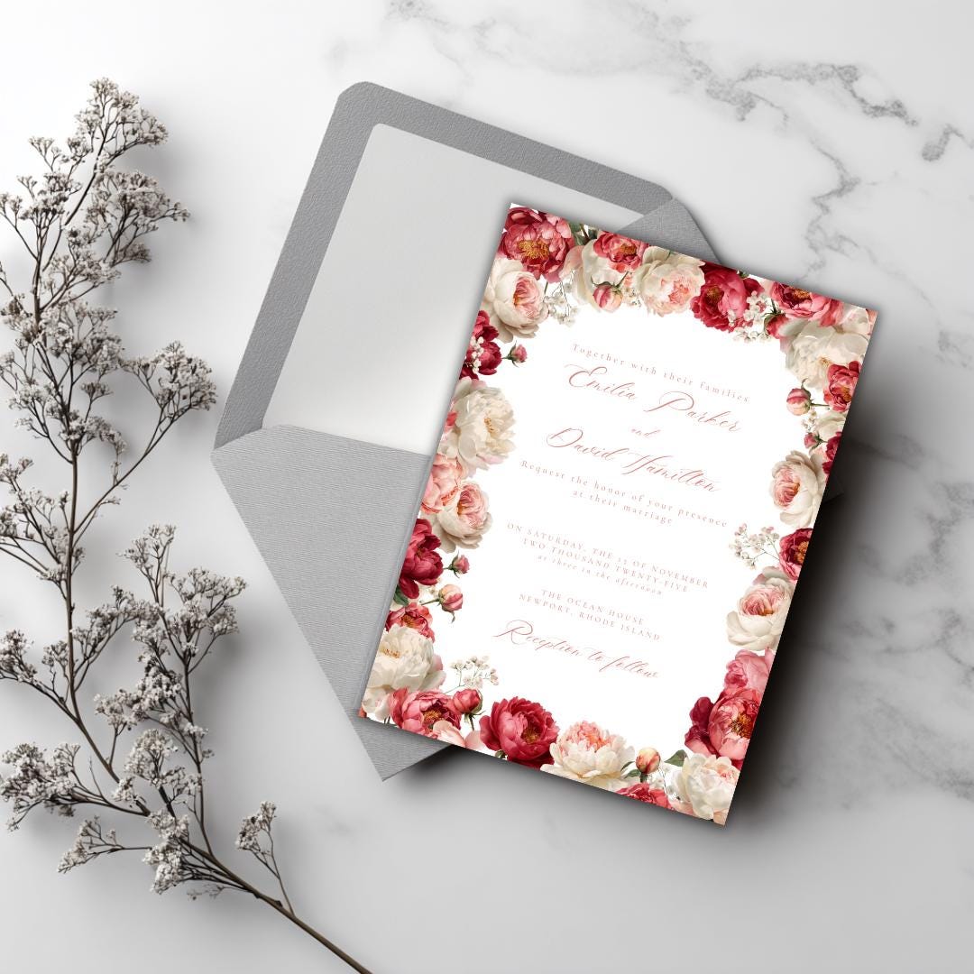 Pink Floral Wedding Invitation Template | Blush Peony & Rose Wedding Invite | Romantic Editable Canva Template for DIY Brides