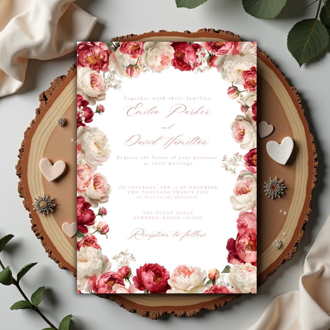Pink Floral Wedding Invitation Template | Blush Peony & Rose Wedding Invite | Romantic Editable Canva Template for DIY Brides
