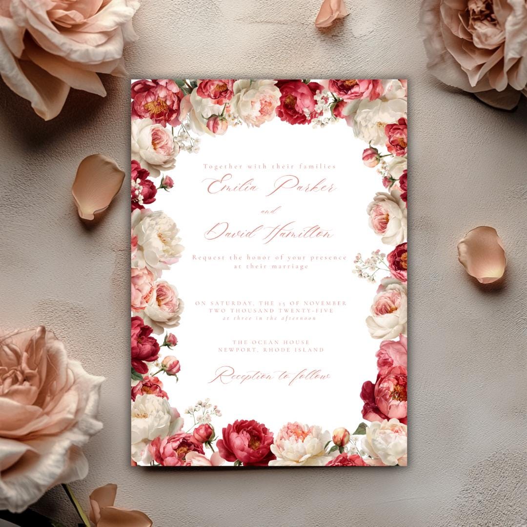 Pink Floral Wedding Invitation Template | Blush Peony & Rose Wedding Invite | Romantic Editable Canva Template for DIY Brides