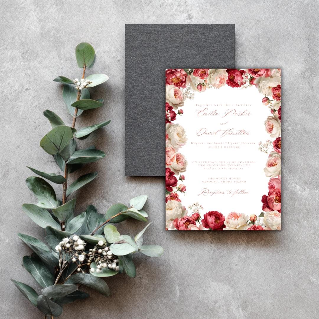 Pink Floral Wedding Invitation Template | Blush Peony & Rose Wedding Invite | Romantic Editable Canva Template for DIY Brides
