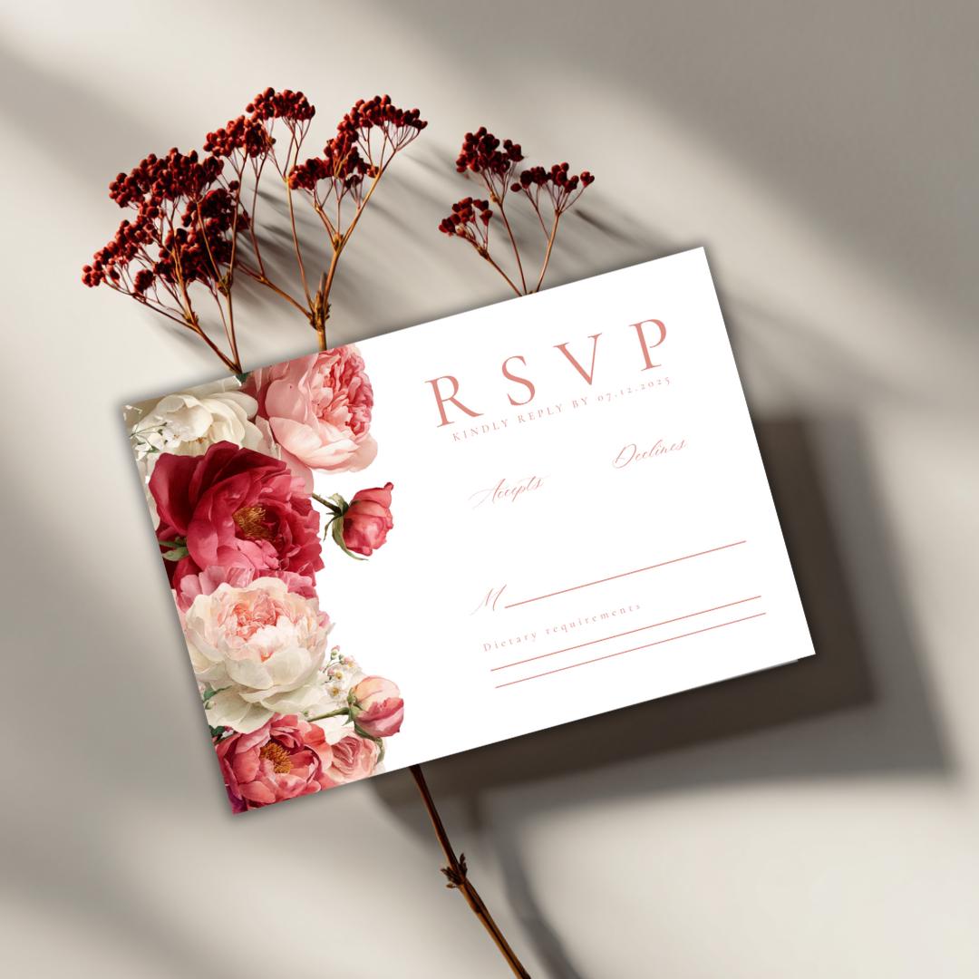 Pink Floral Wedding RSVP Card Template | Blush Peony Response Card | Romantic Editable Canva Template for DIY Brides